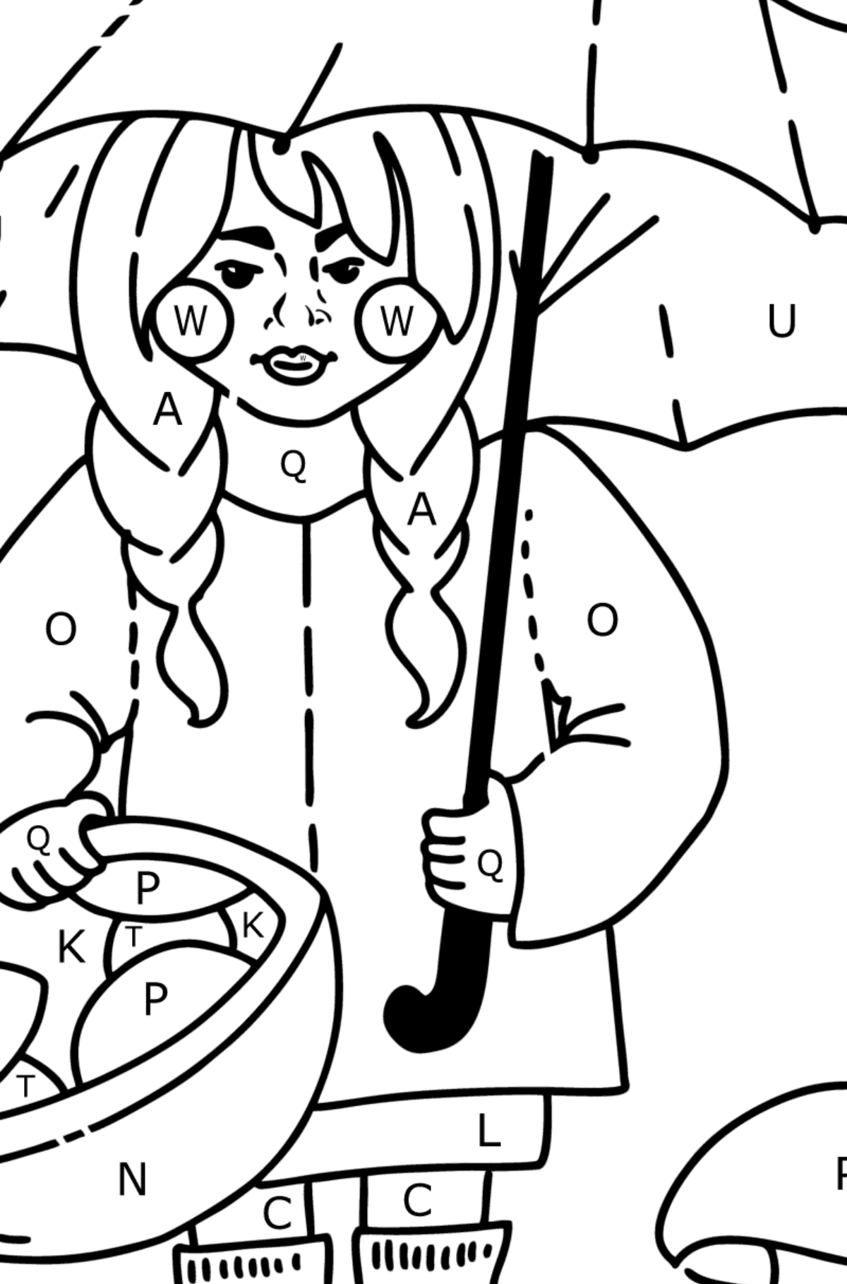 Coloring page - Girl picking mushrooms - Coloring by Letters for Kids