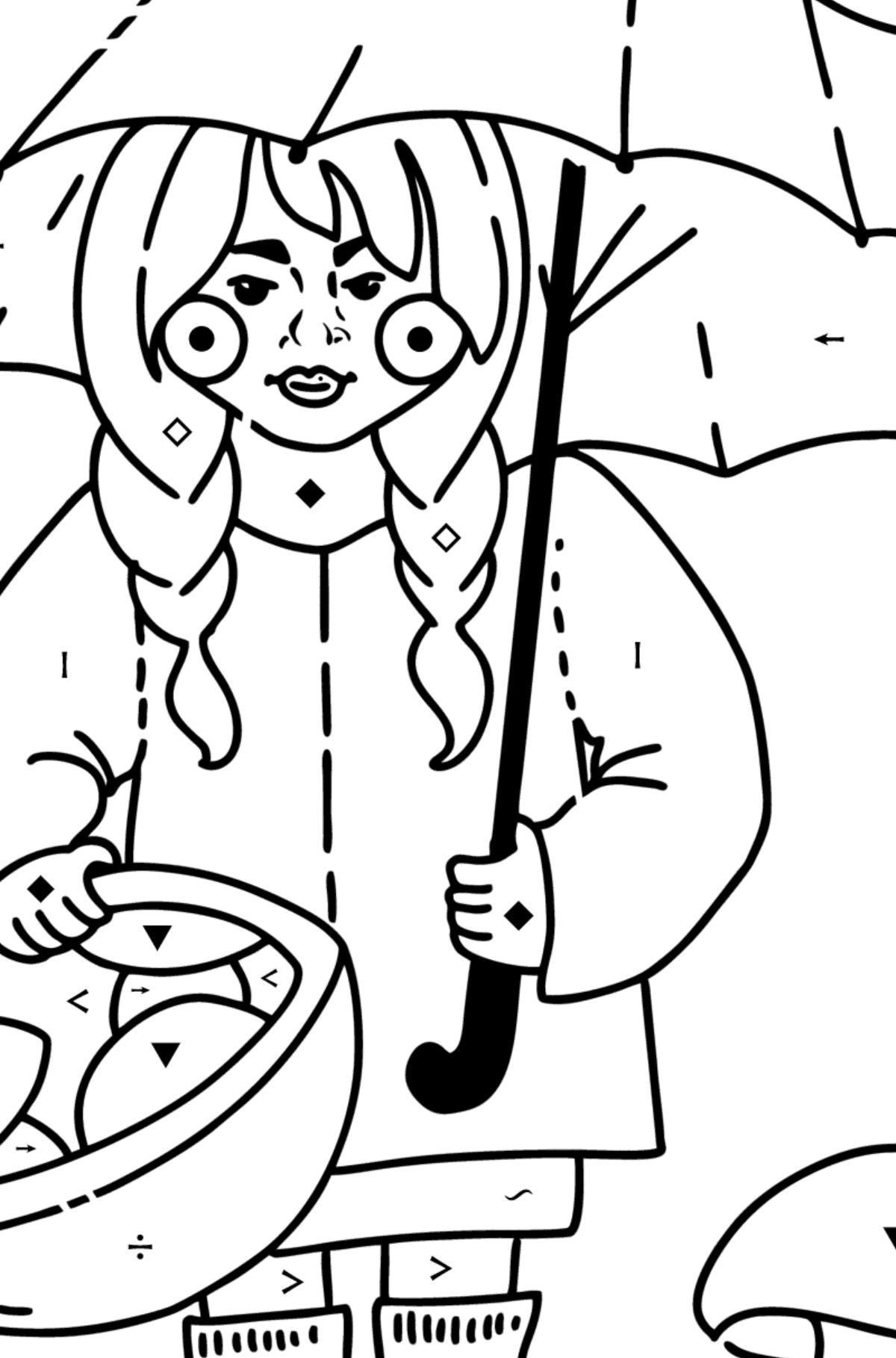 Coloring page - Girl picking mushrooms - Coloring by Symbols for Kids