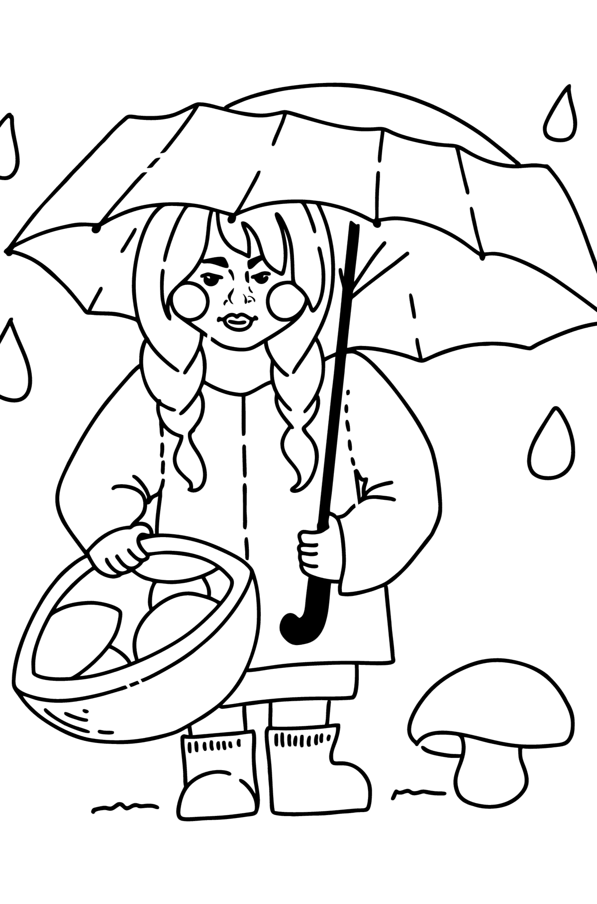Desenho para colorir - Menina colhendo cogumelos - Imagens para Colorir para Crianças