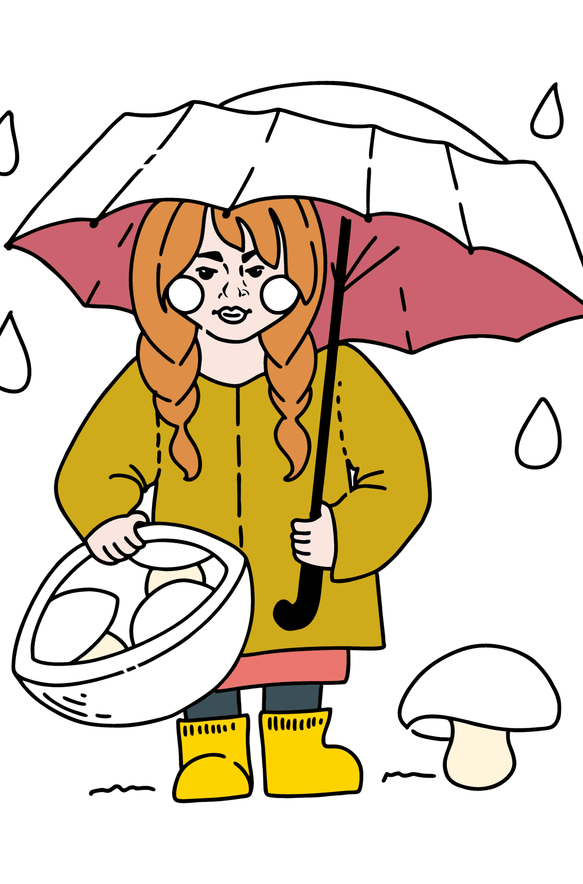 Раскраска - Девочка собирает грибы - Картинки для Детей