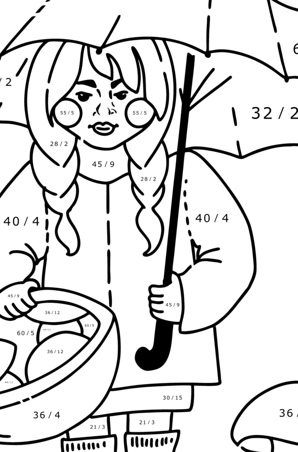 Coloring page - Girl picking mushrooms - Math Coloring - Division for Kids