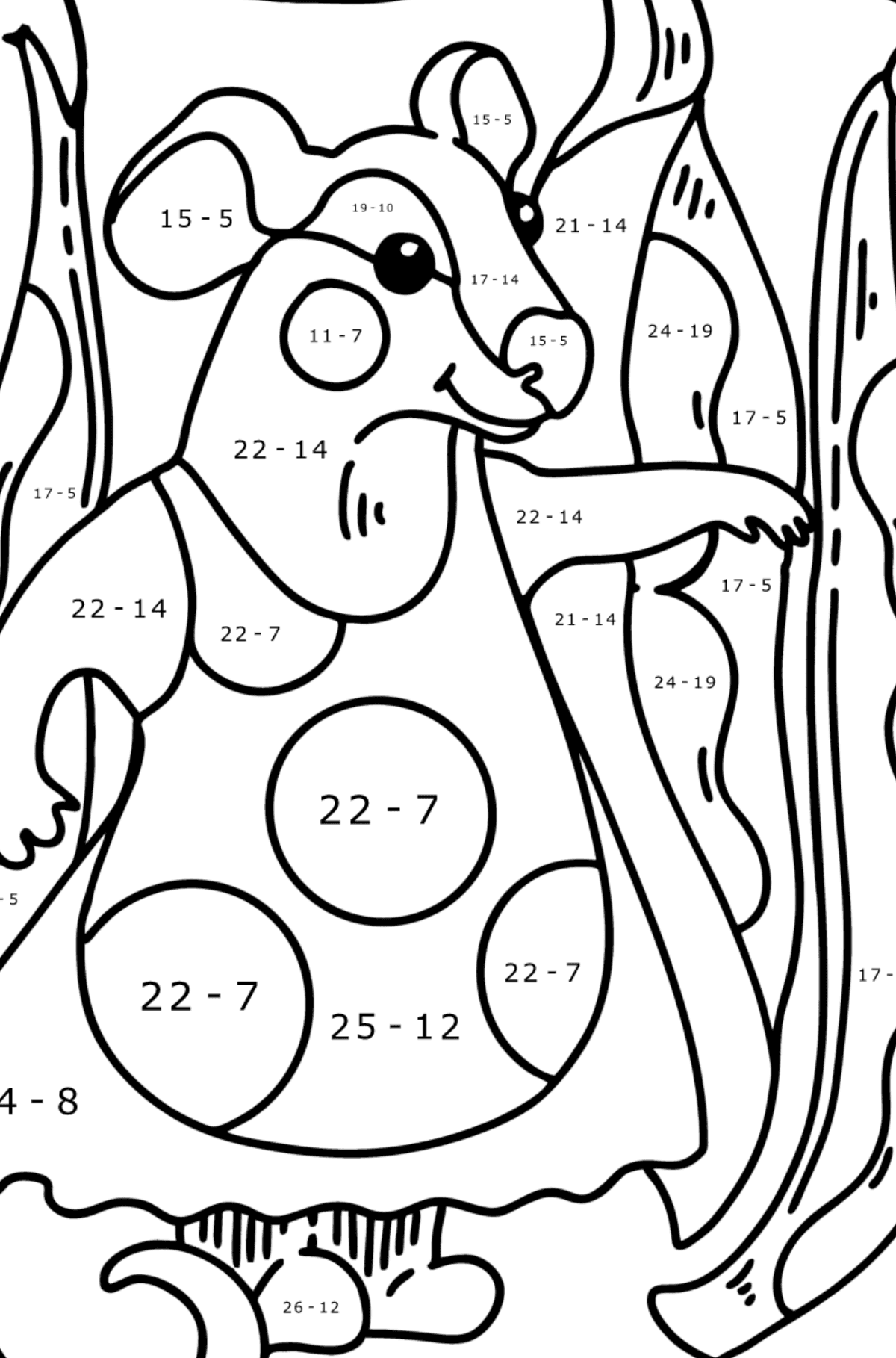 Ausmalbild - Süße Maus - Mathe Ausmalbilder - Subtraktion für Kinder
