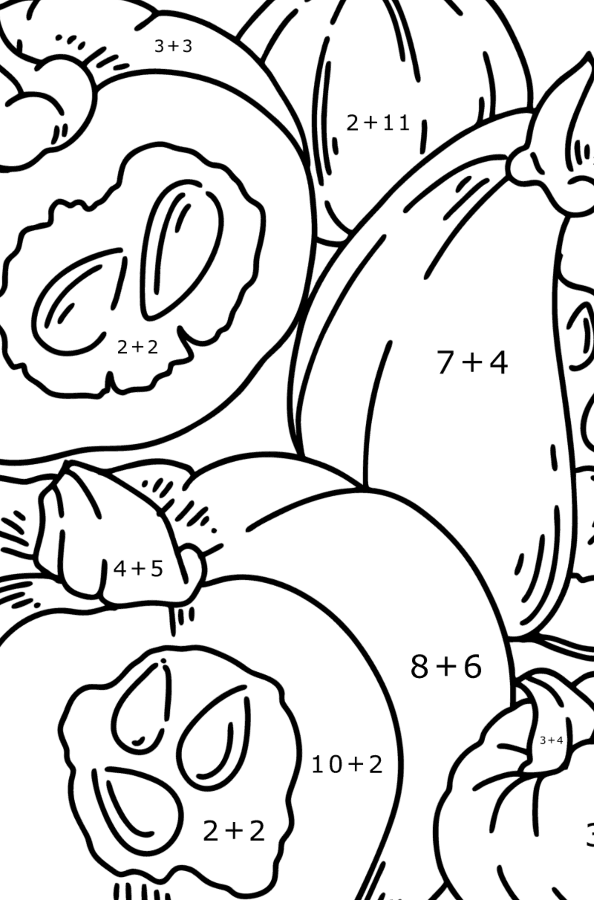 Coloring page Autumn - Pumpkin harvest - Math Coloring - Addition for Kids