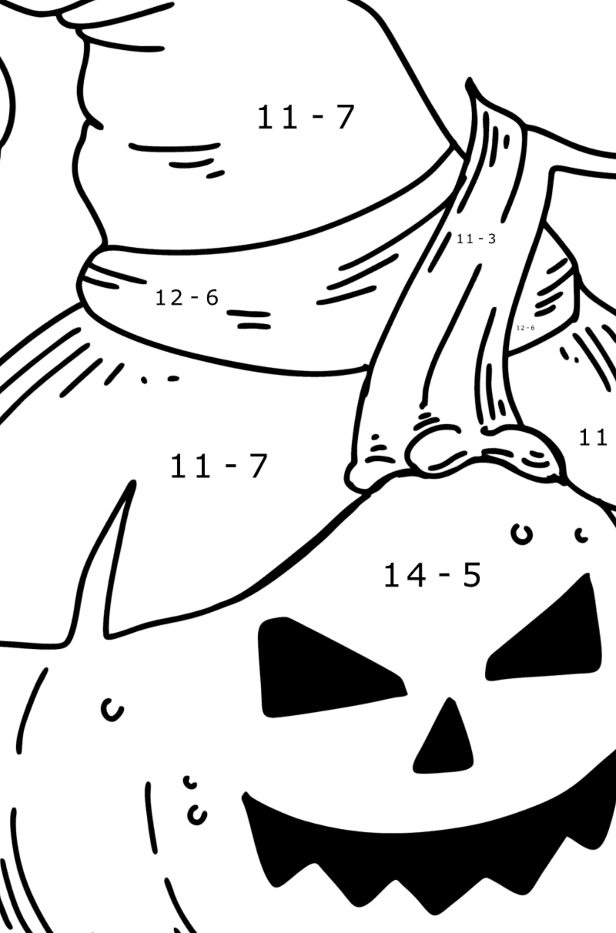 Malvorlagen - Kürbis mit Hut an Halloween - Mathe Ausmalbilder - Subtraktion für Kinder