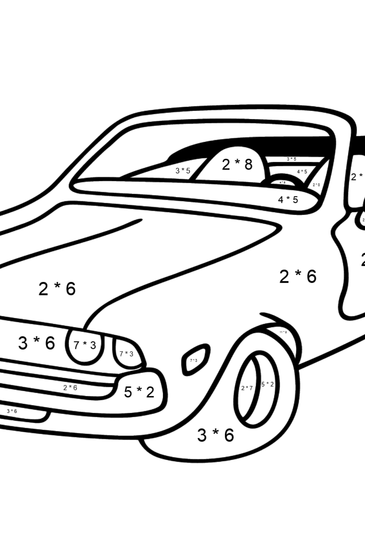 Розмальовка машини з відкритим верхом - Математична Розмальовка Множення для дітей