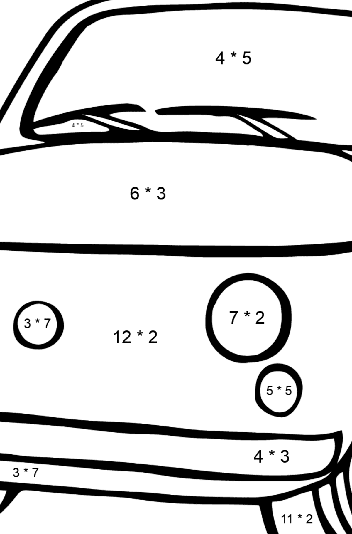 Fiat 500 (rotes Auto) Malvorlagen - Mathe Ausmalbilder - Multiplikation für Kinder
