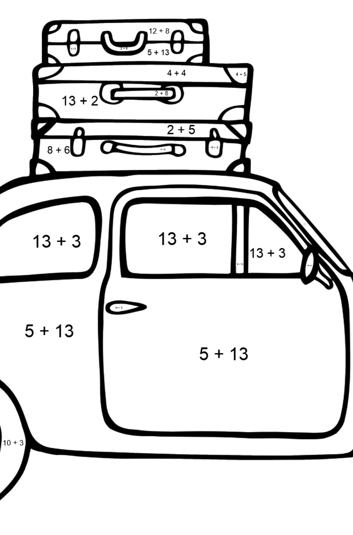 Розмальовка машини Fiat 500 - Математична Розмальовка Додавання для дітей