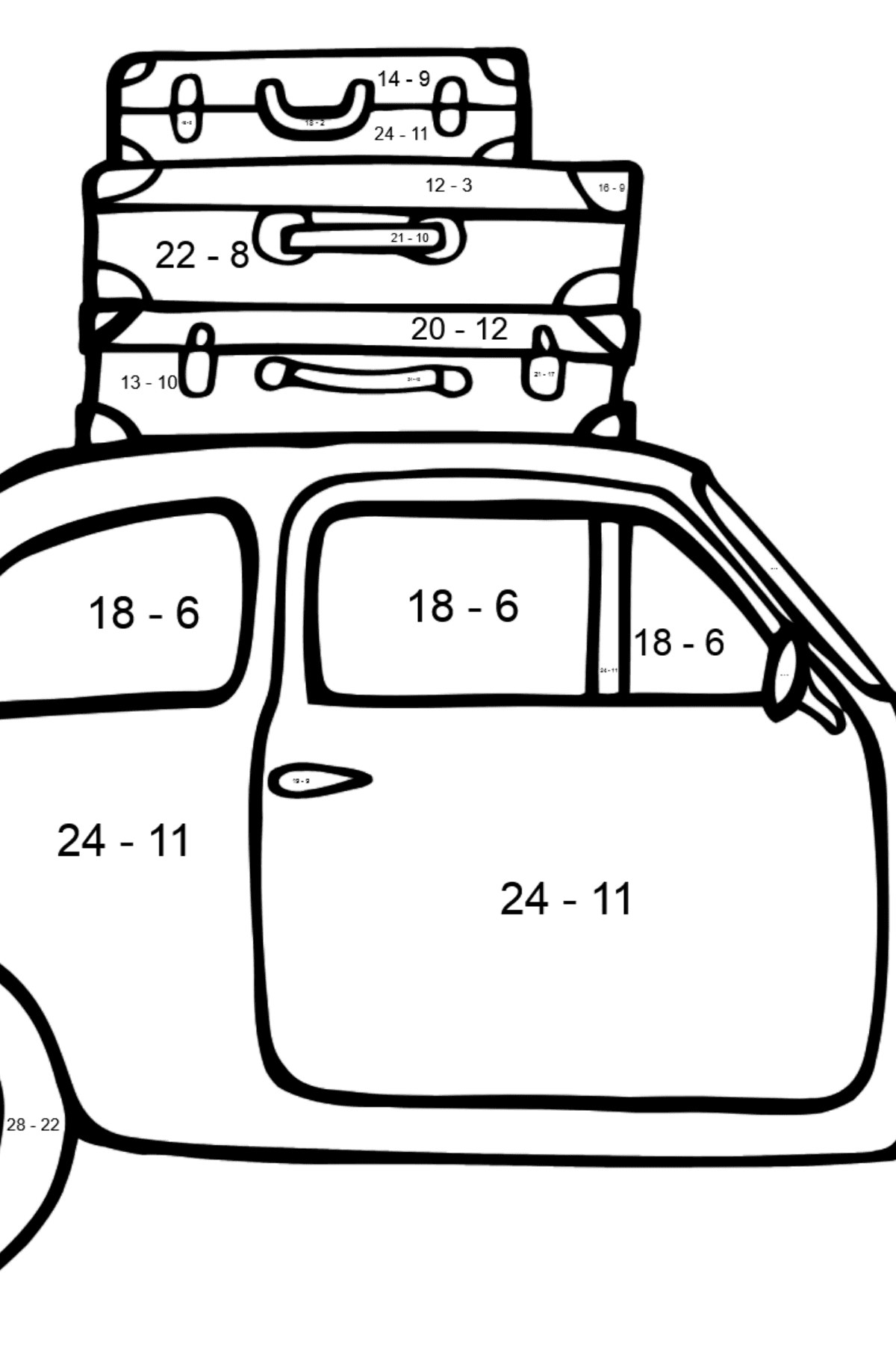 Dibujo de Coche Fiat 500 para colorear - Colorear con Matemáticas - Restas para Niños