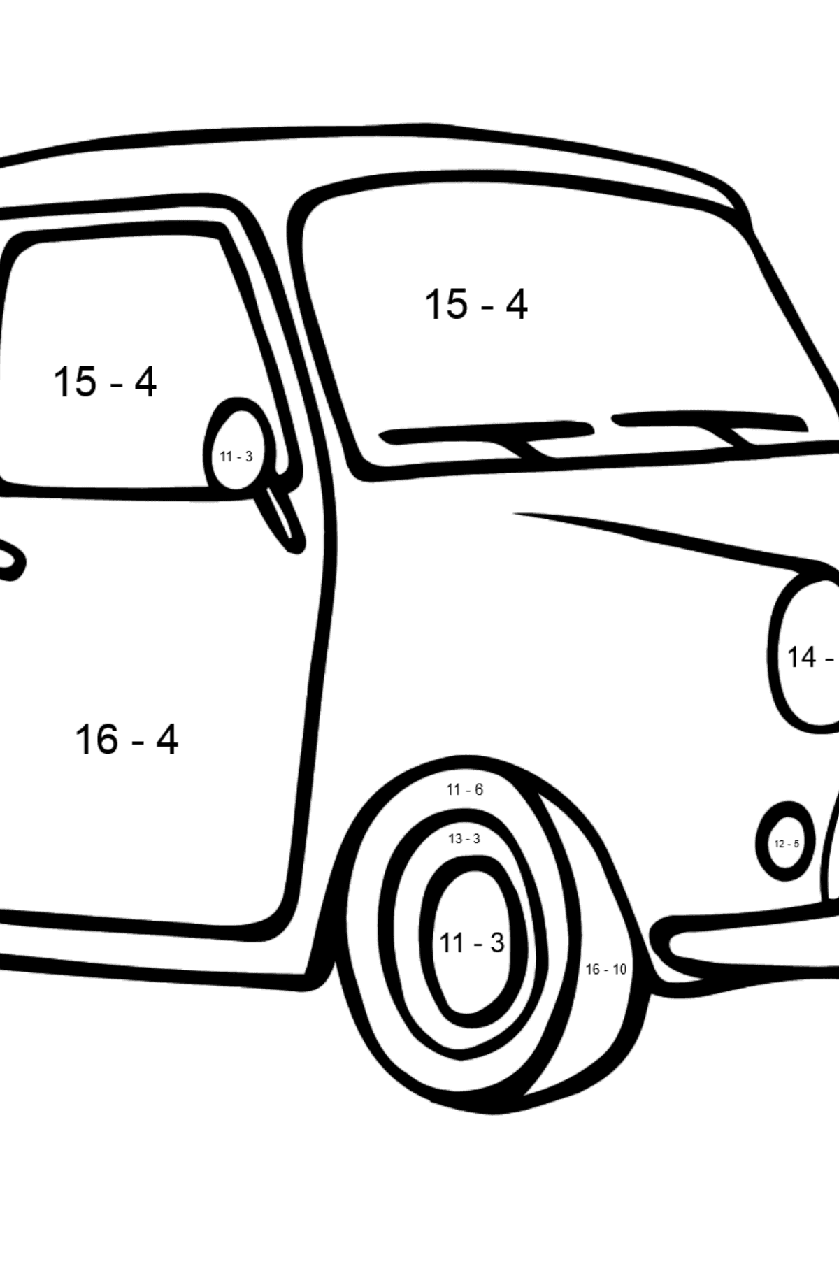 Fiat 600 Auto Ausmalbild - Mathe Ausmalbilder - Subtraktion für Kinder