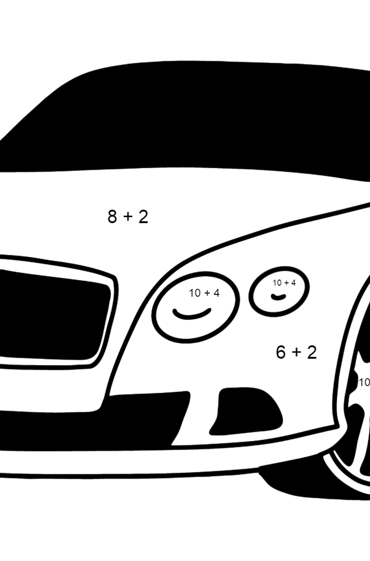 Розмальовка Автомобіль Bentley Continental GT - Математична Розмальовка Додавання для дітей