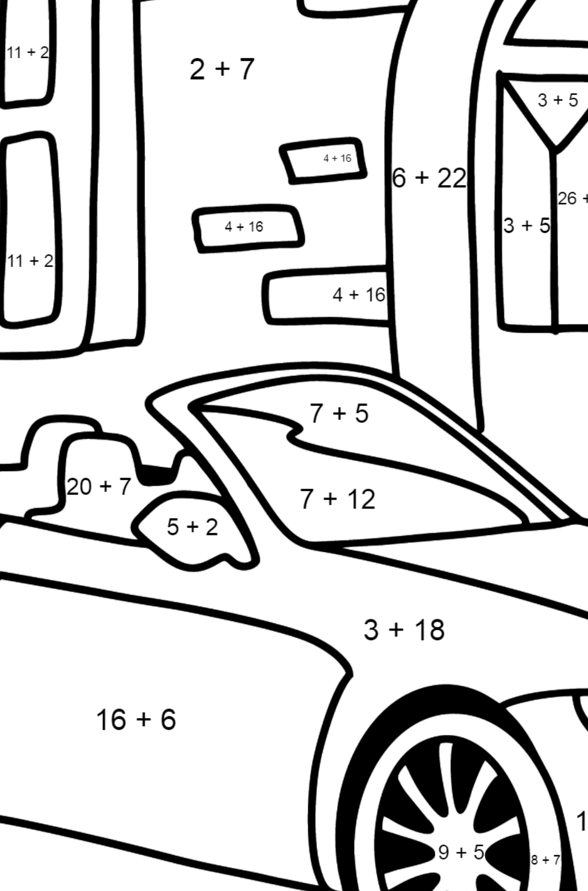 Розмальовка BMW Кабріолет - Математична Розмальовка Додавання для дітей