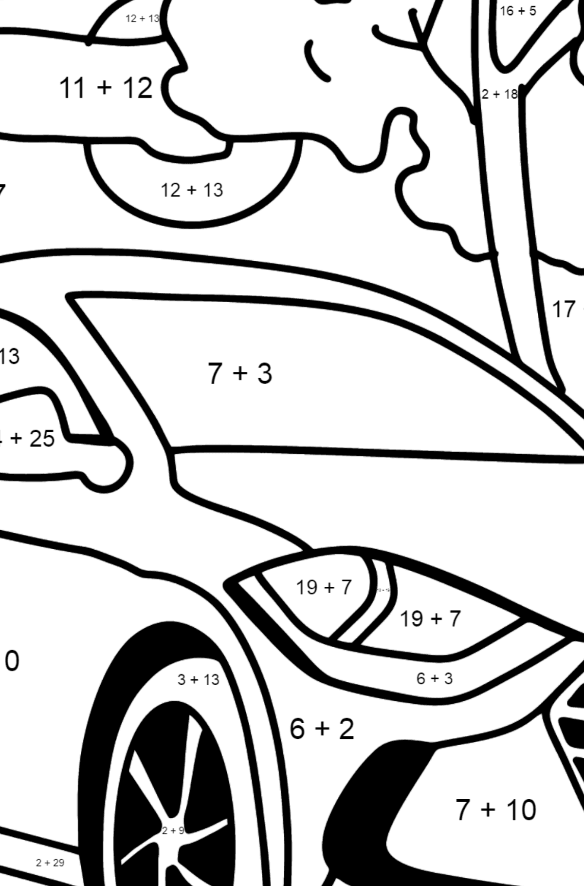 Dibujo de coche Hyundai para colorear - Colorear con Matemáticas - Sumas para Niños