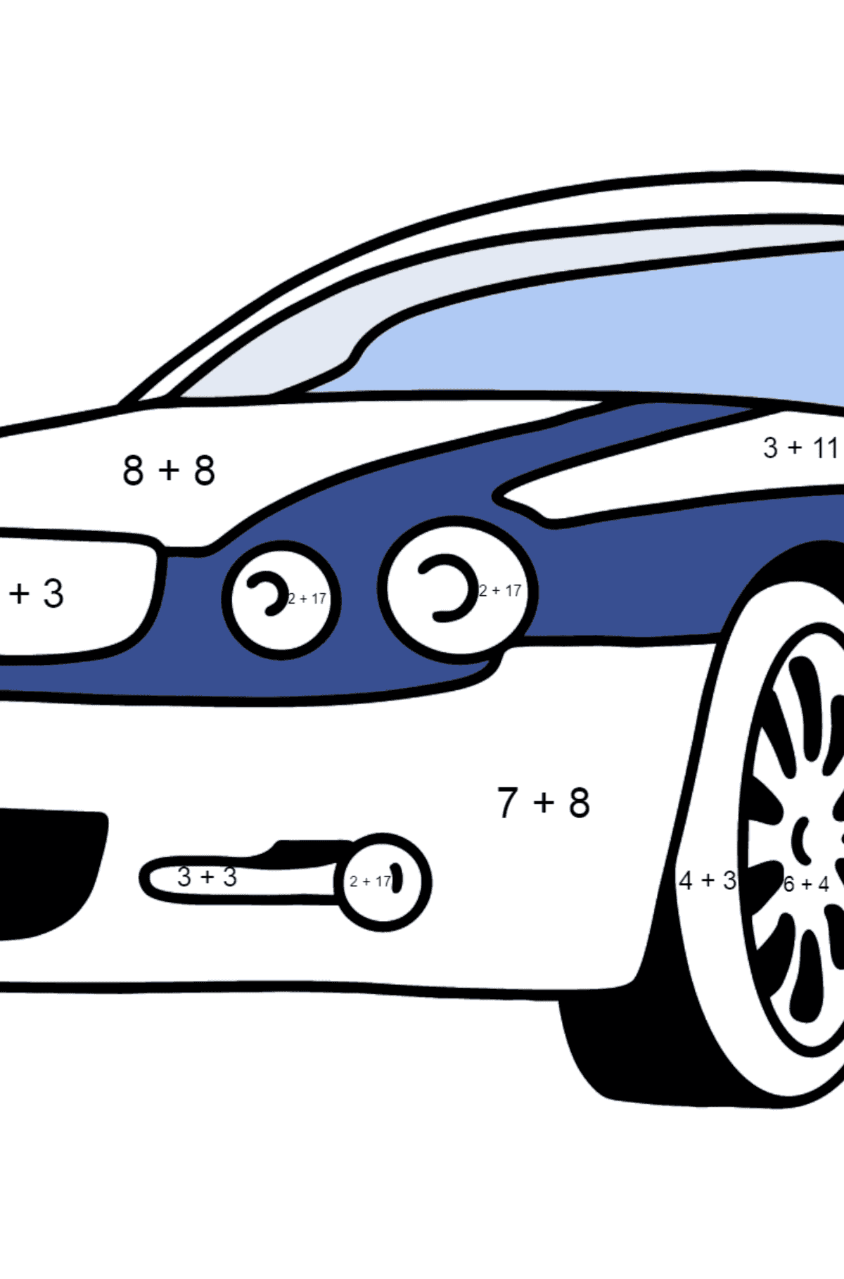 Jaguar GT Ausmalbild - Mathe Ausmalbilder - Addition für Kinder