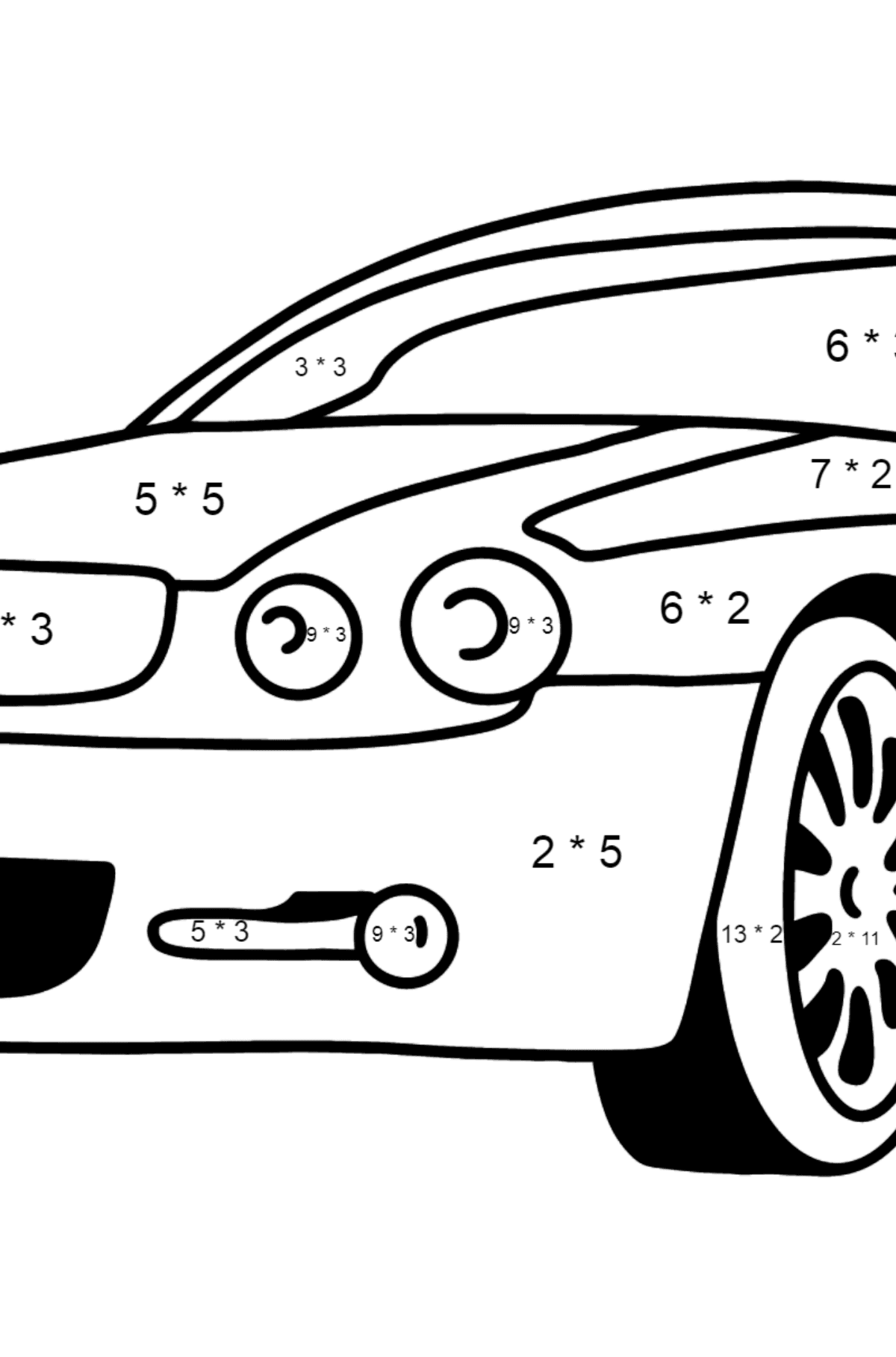 Tegning til farvning Jaguar GT - Matematisk farvelægning side -- Multiplikation for børn
