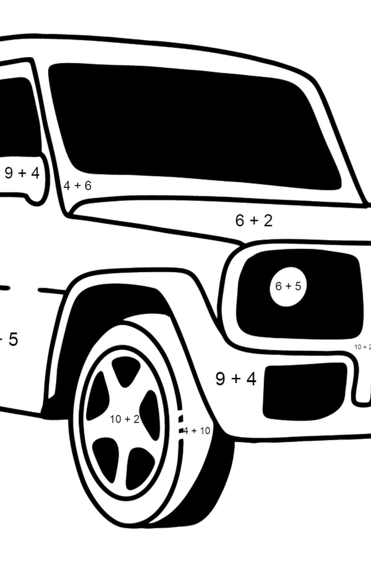 Розмальовка автомобіль Mercedes - Математична Розмальовка Додавання для дітей