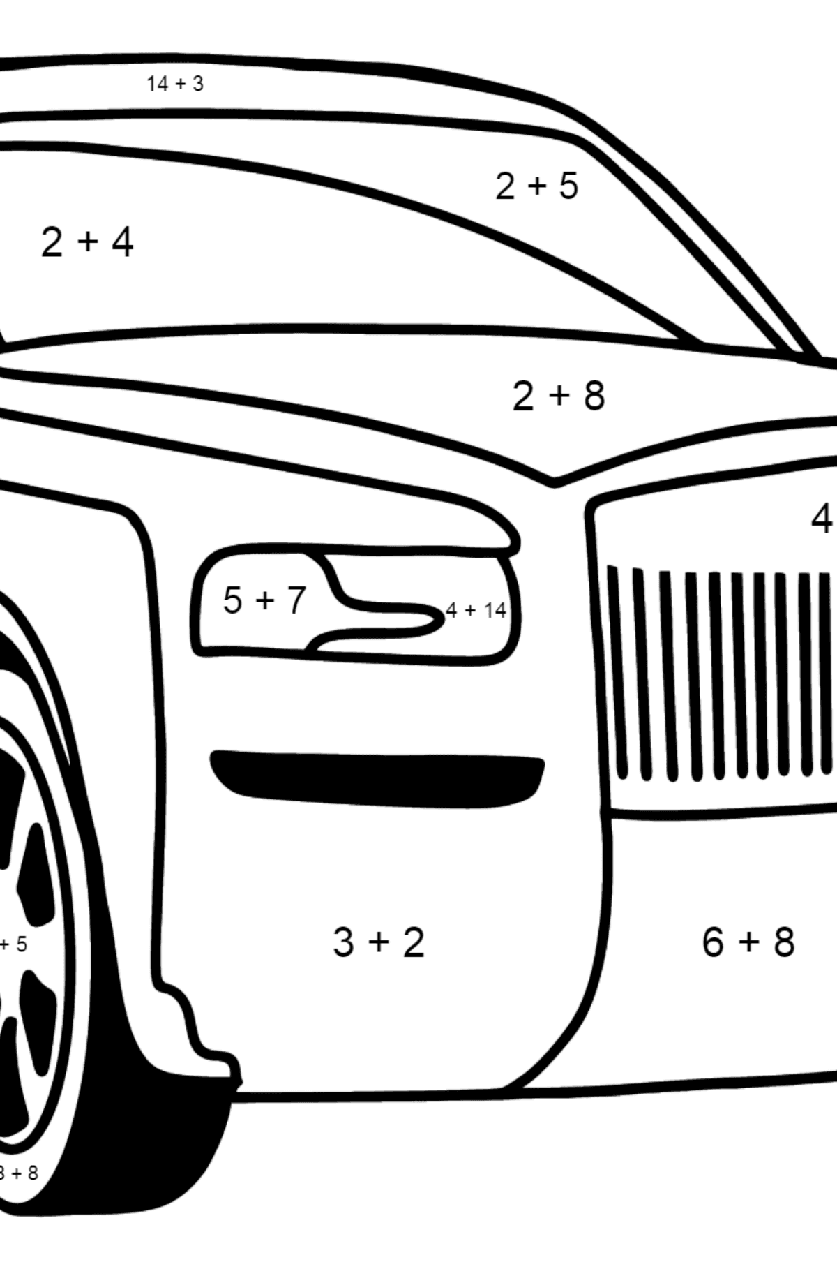 Розмальовка Автомобіль Rolls Royce Cullinan - Математична Розмальовка Додавання для дітей