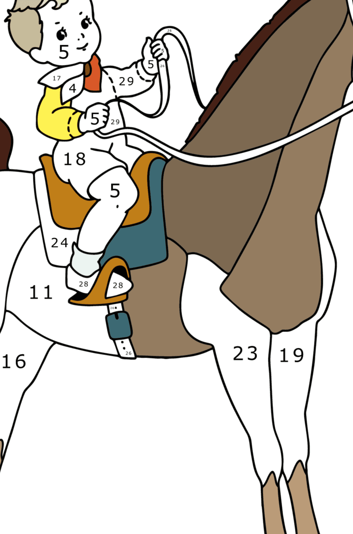 Ausmalbild Junge auf Pferd - Malen nach Zahlen für Kinder