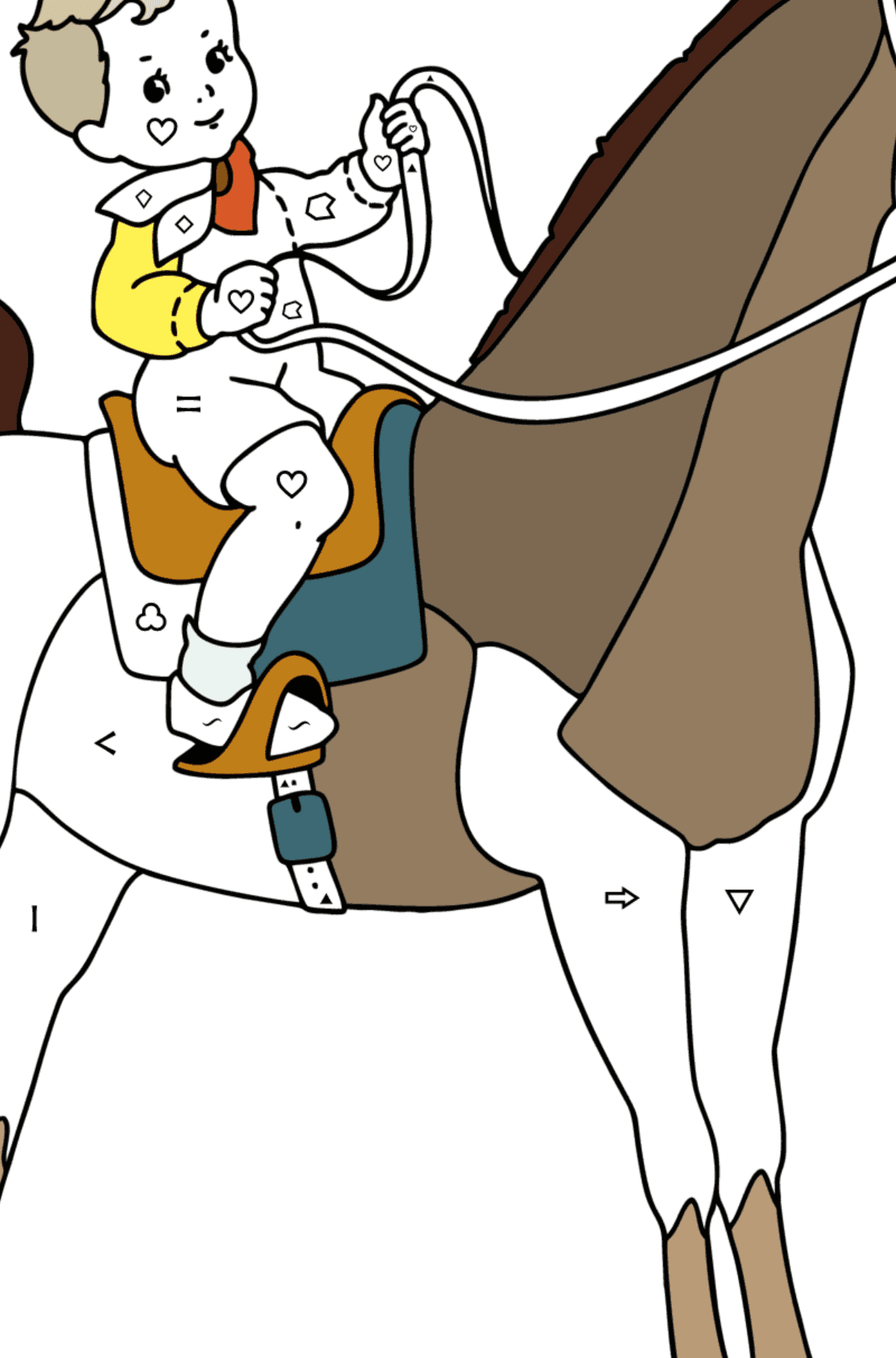 Ausmalbild Junge auf Pferd - Ausmalen nach Symbolen für Kinder