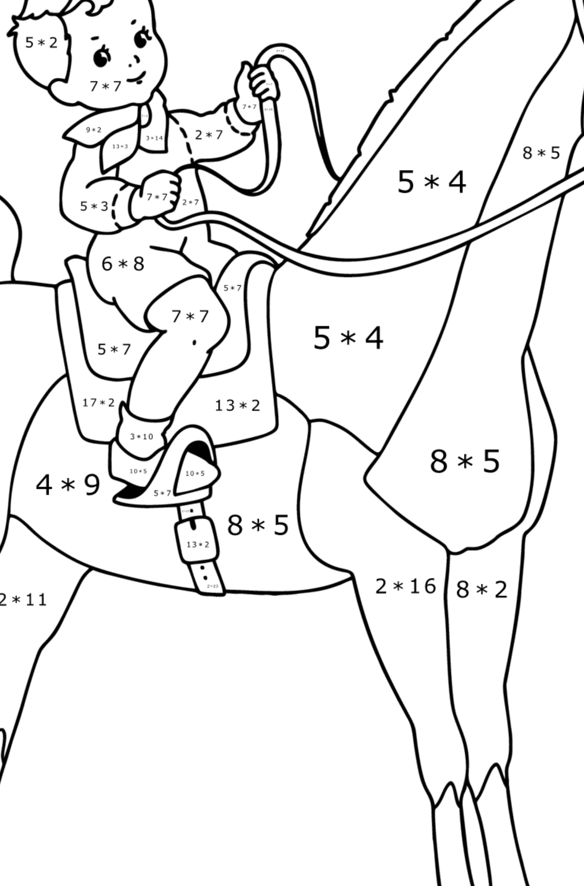 Målarbild Pojke på häst - Matematik Färgläggning - Multiplikation För barn