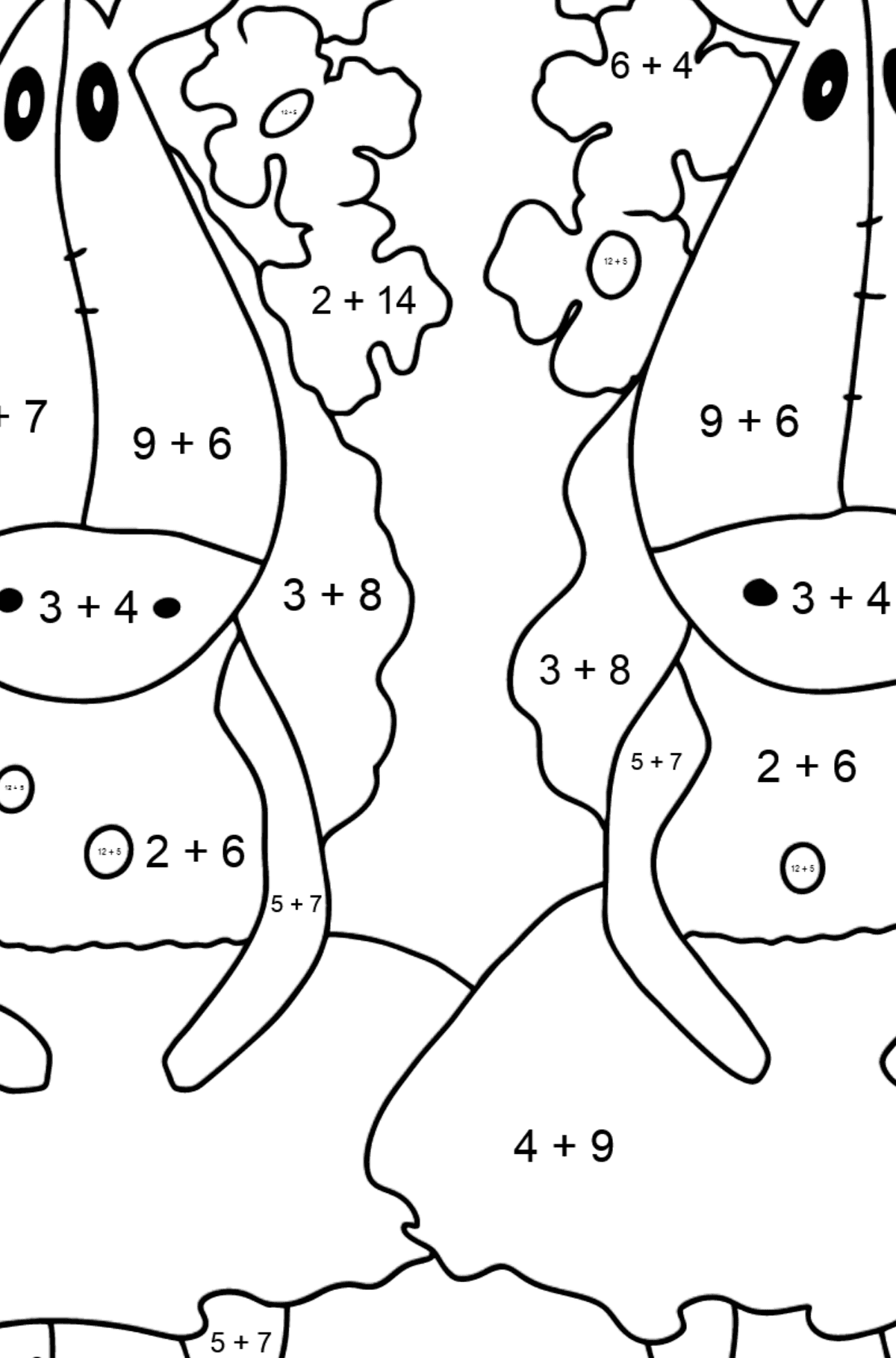 Розмальовка Мультфільмові Конячки - Математична Розмальовка Додавання для дітей
