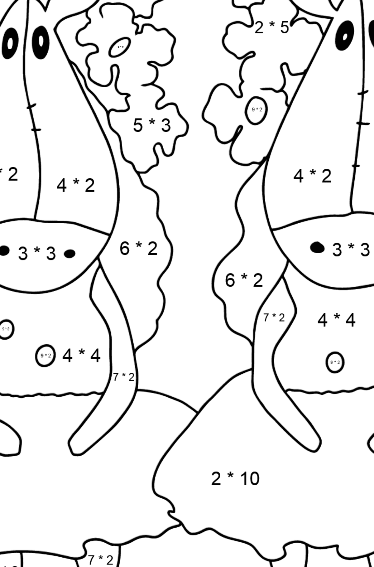 Dibujo para colorear un par de caballos - Colorear con Matemáticas - Multiplicaciones para Niños