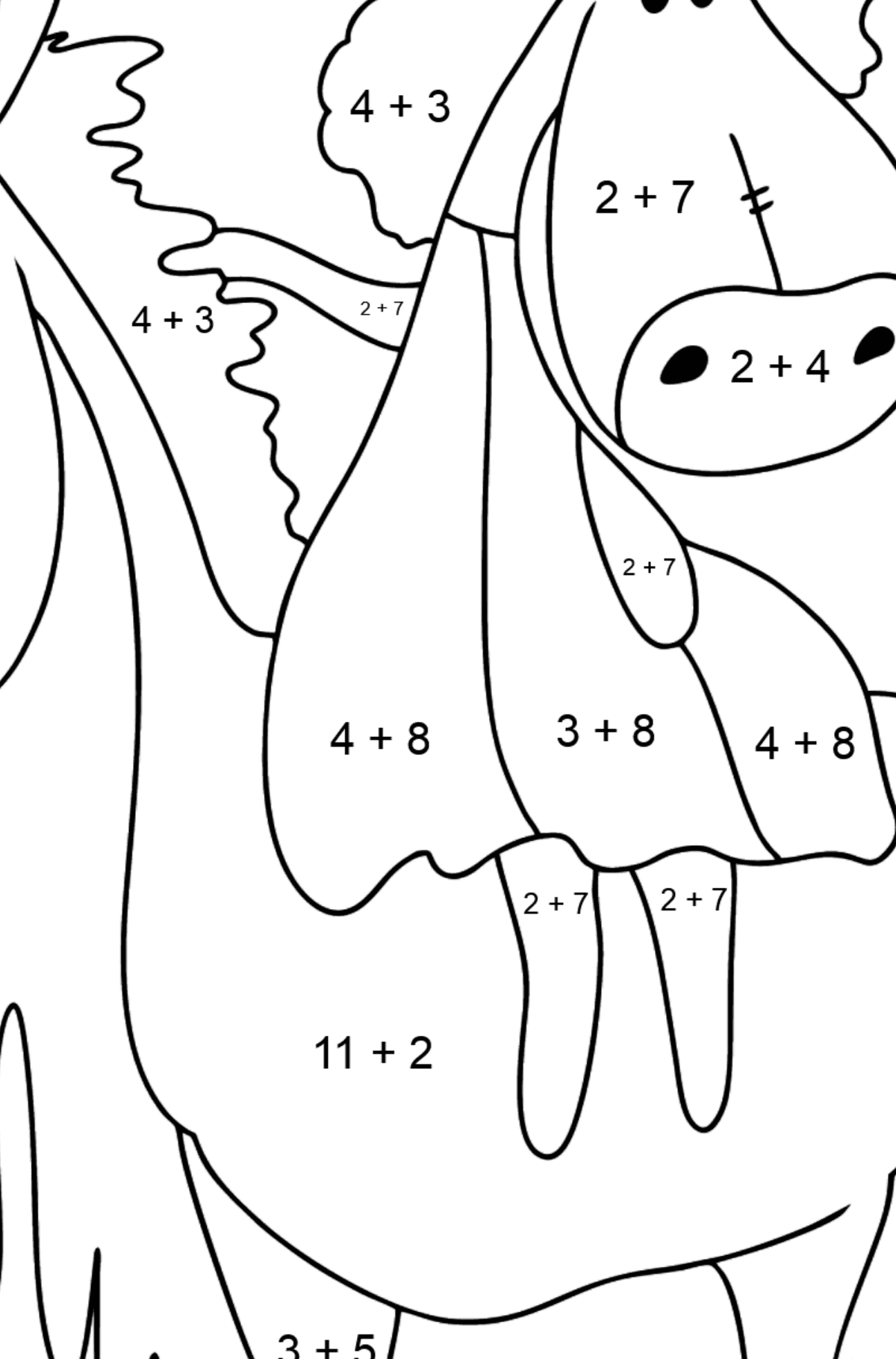 Mewarnai gambar kuda untuk ditunggangi - Pewarnaan Matematika: Pertambahan untuk anak-anak