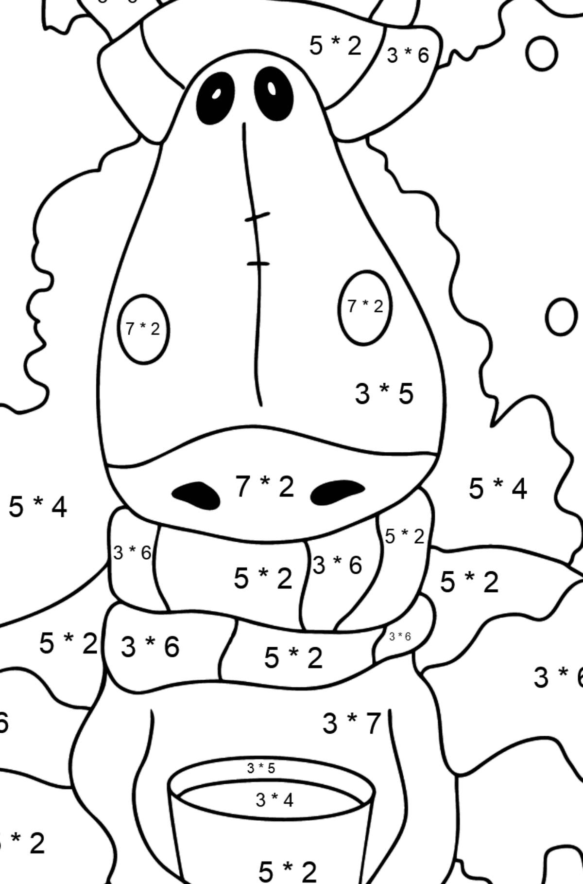 Tegning til farvning animeret hest - Matematisk farvelægning side -- Multiplikation for børn