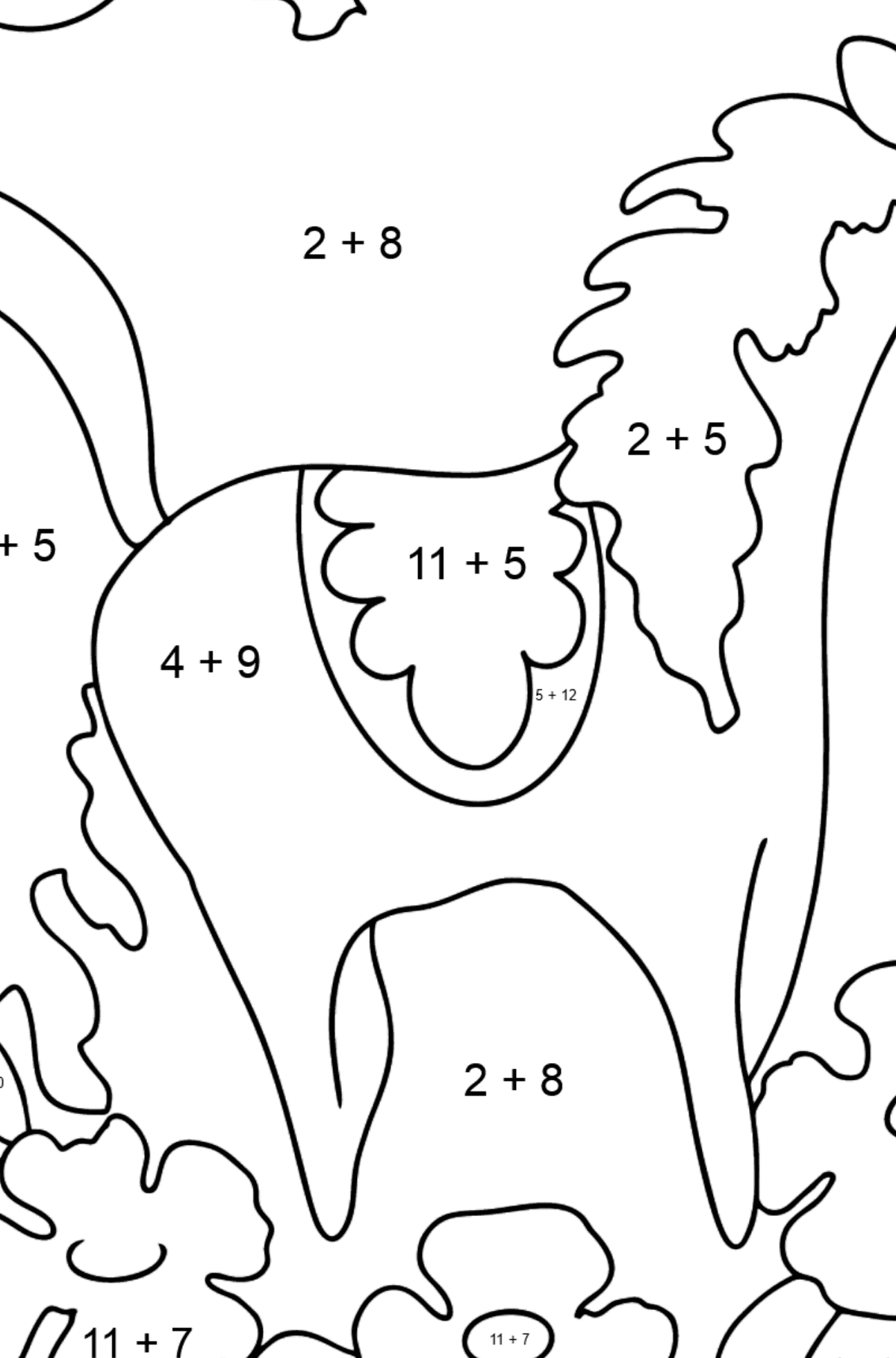 Розмальовка Чарівний кінь - Математична Розмальовка Додавання для дітей