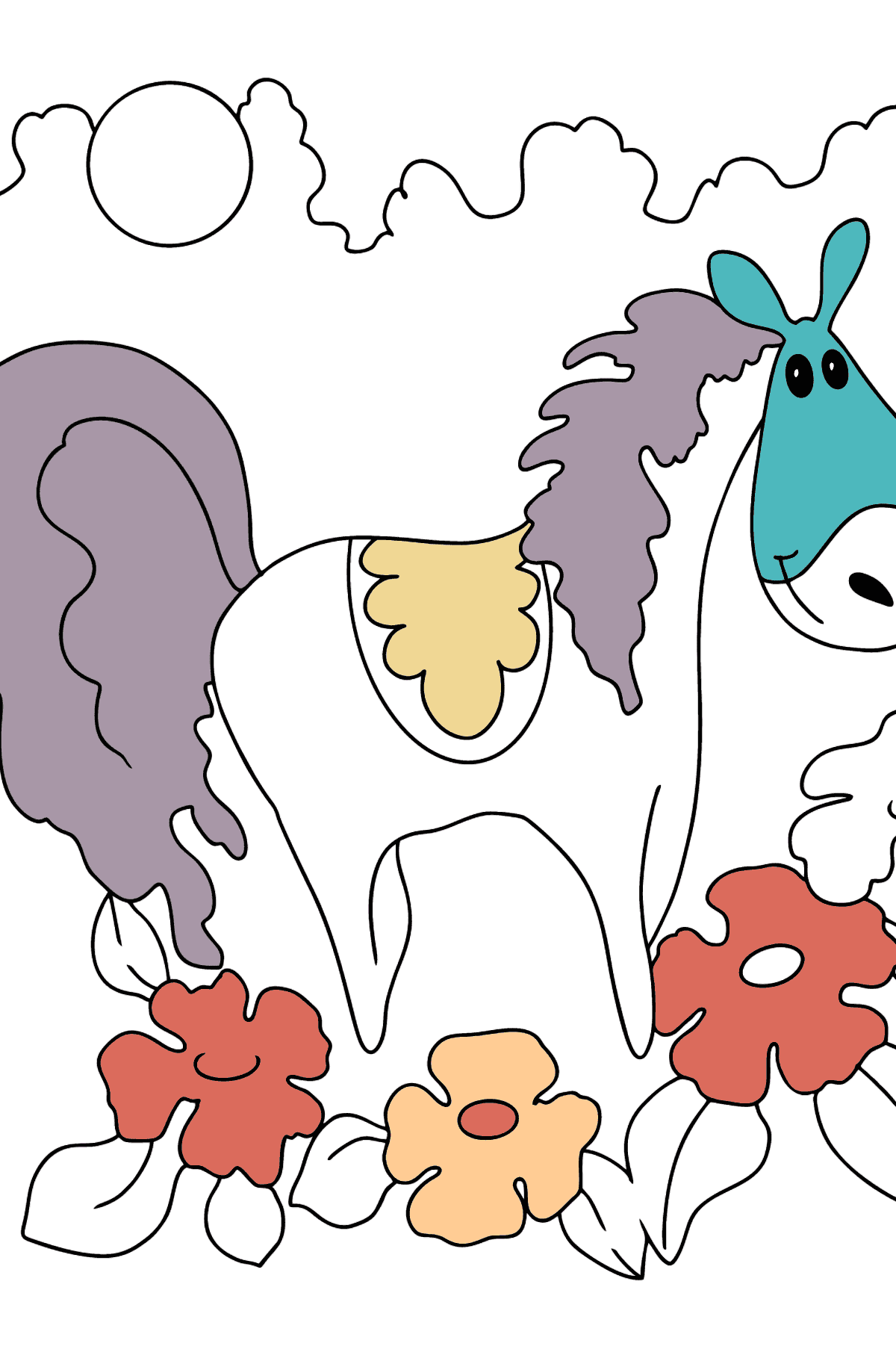 Dibujo para colorear un caballo en flores - Dibujos para Colorear para Niños