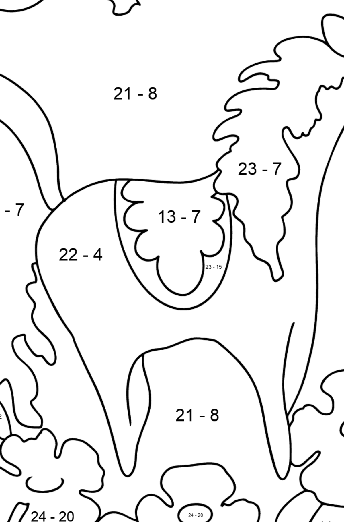 Dibujo para colorear un caballo en flores - Colorear con Matemáticas - Restas para Niños