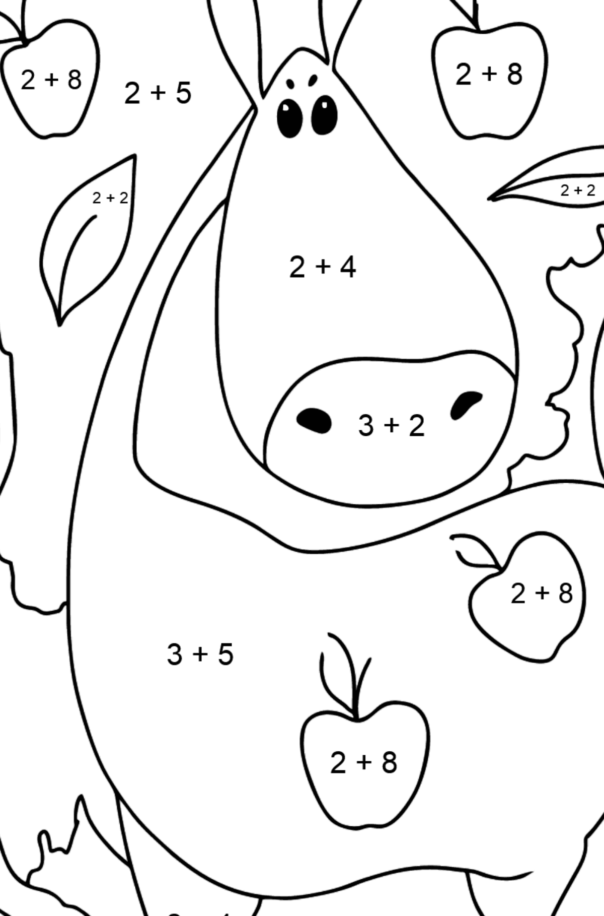 Dibujo para colorear en línea o imprime un caballo con manzanas - Colorear con Matemáticas - Sumas para Niños