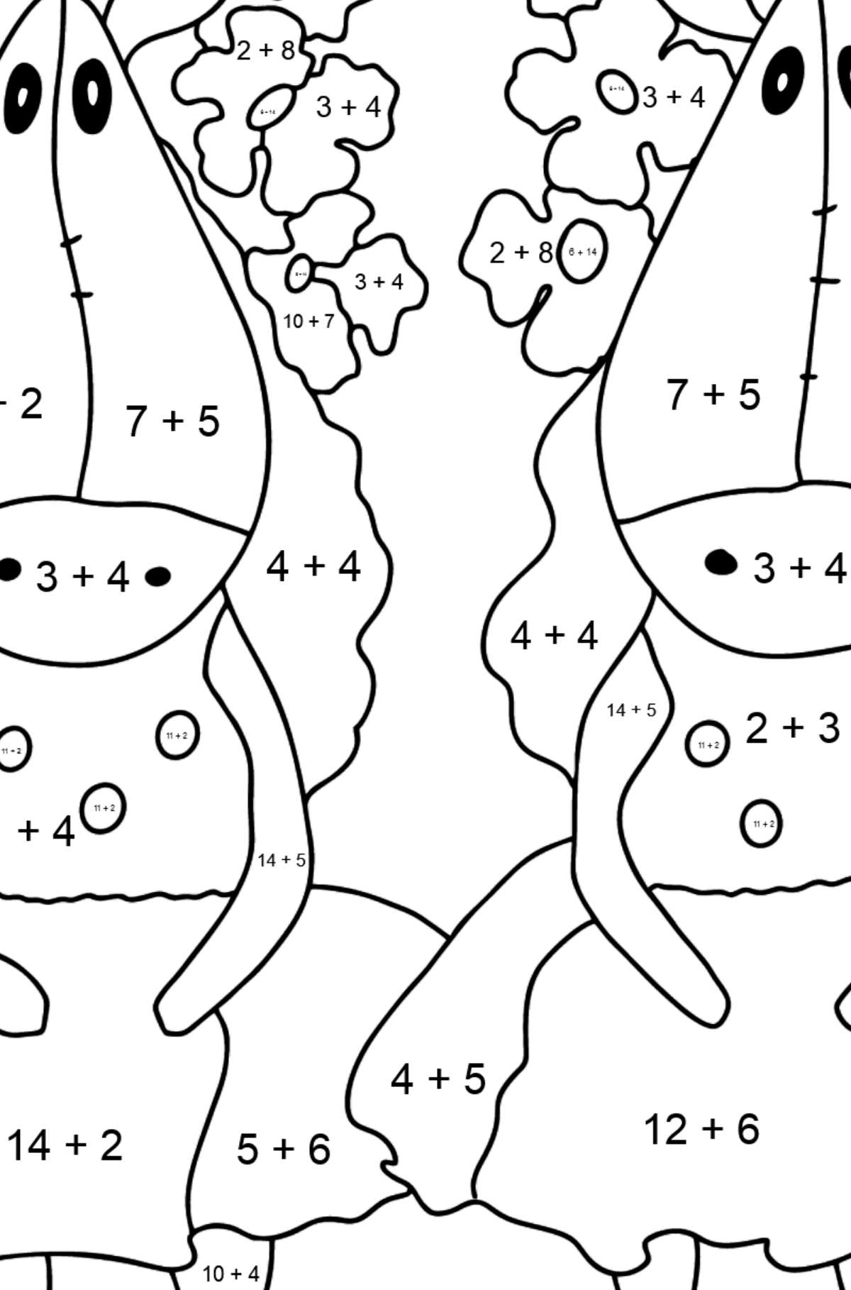 Розмальовка Парочка Коней (складно) - Математична Розмальовка Додавання для дітей