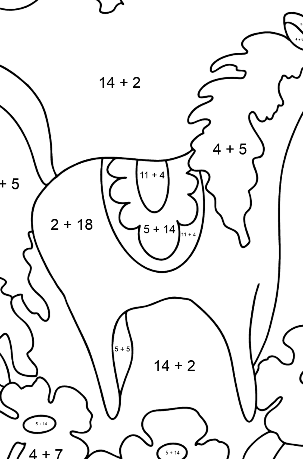 Dibujo para colorear complejo un caballo en flores - Colorear con Matemáticas - Sumas para Niños