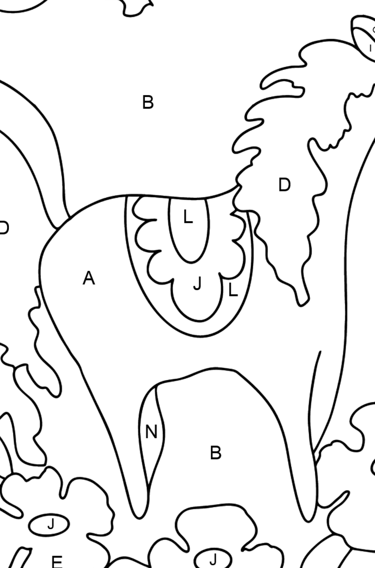 Dibujo para colorear complejo un caballo en flores - Colorear por Letras para Niños