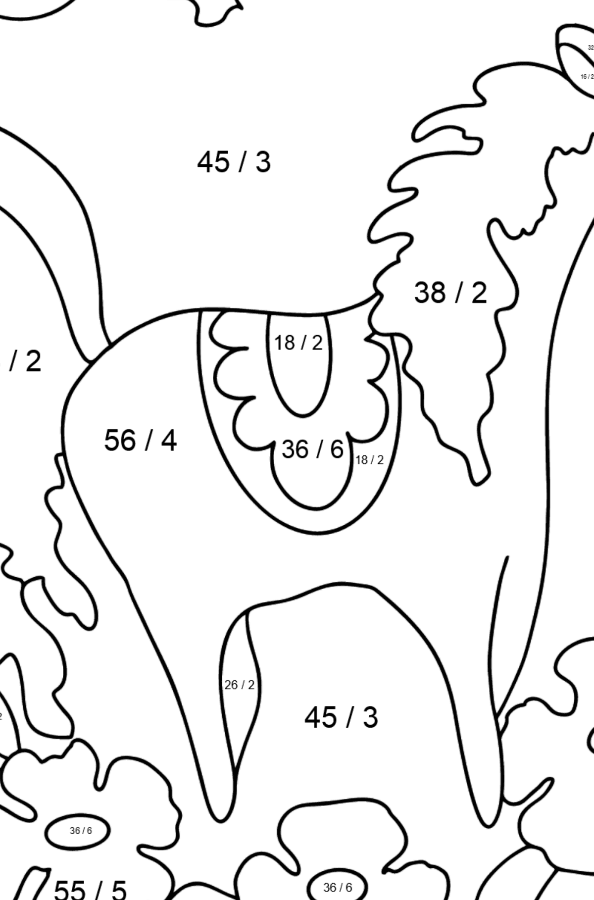 Komplexe Ausmalbild ein Pferd in Blumen - Mathe Ausmalbilder - Division für Kinder