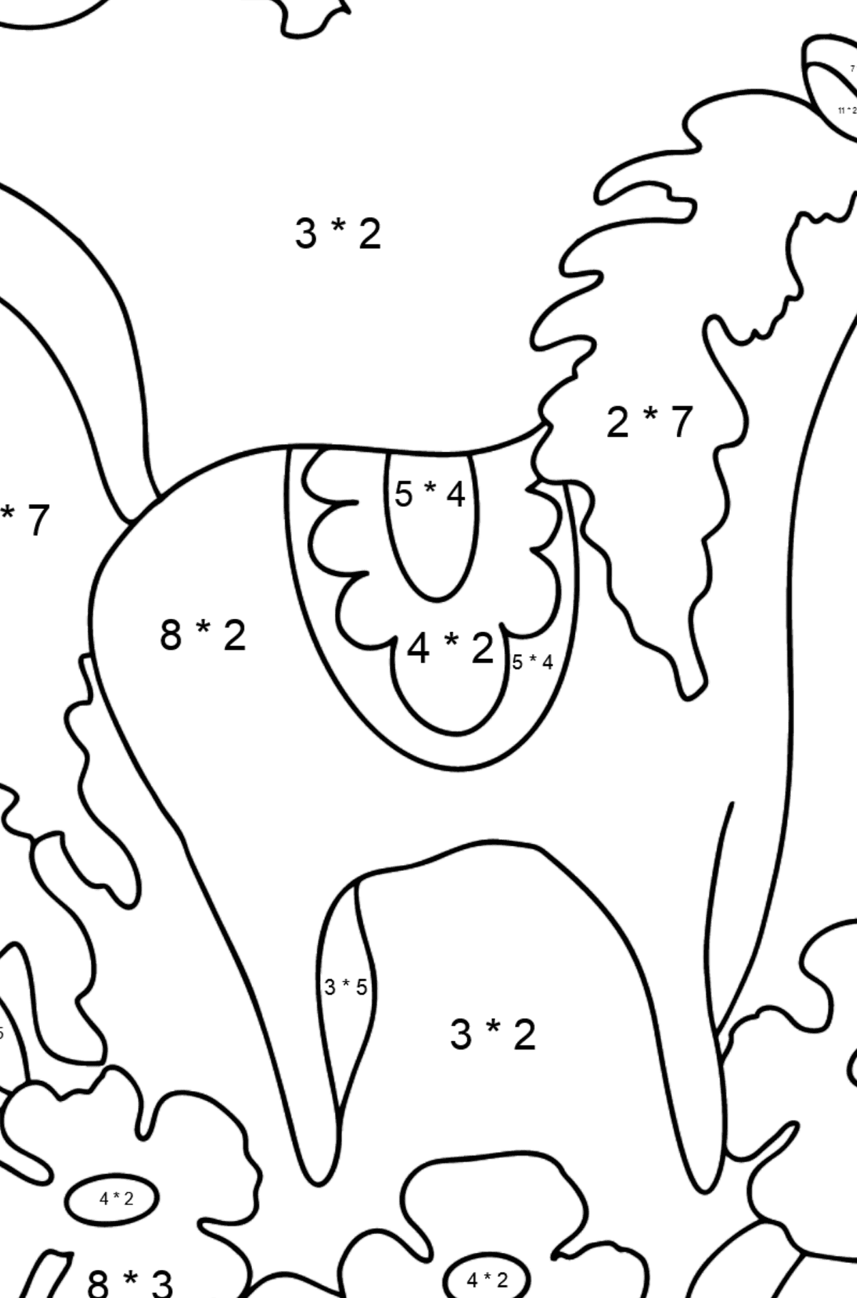 Розмальовка кінь для дітей віком від 5 років - Математична Розмальовка Множення для дітей