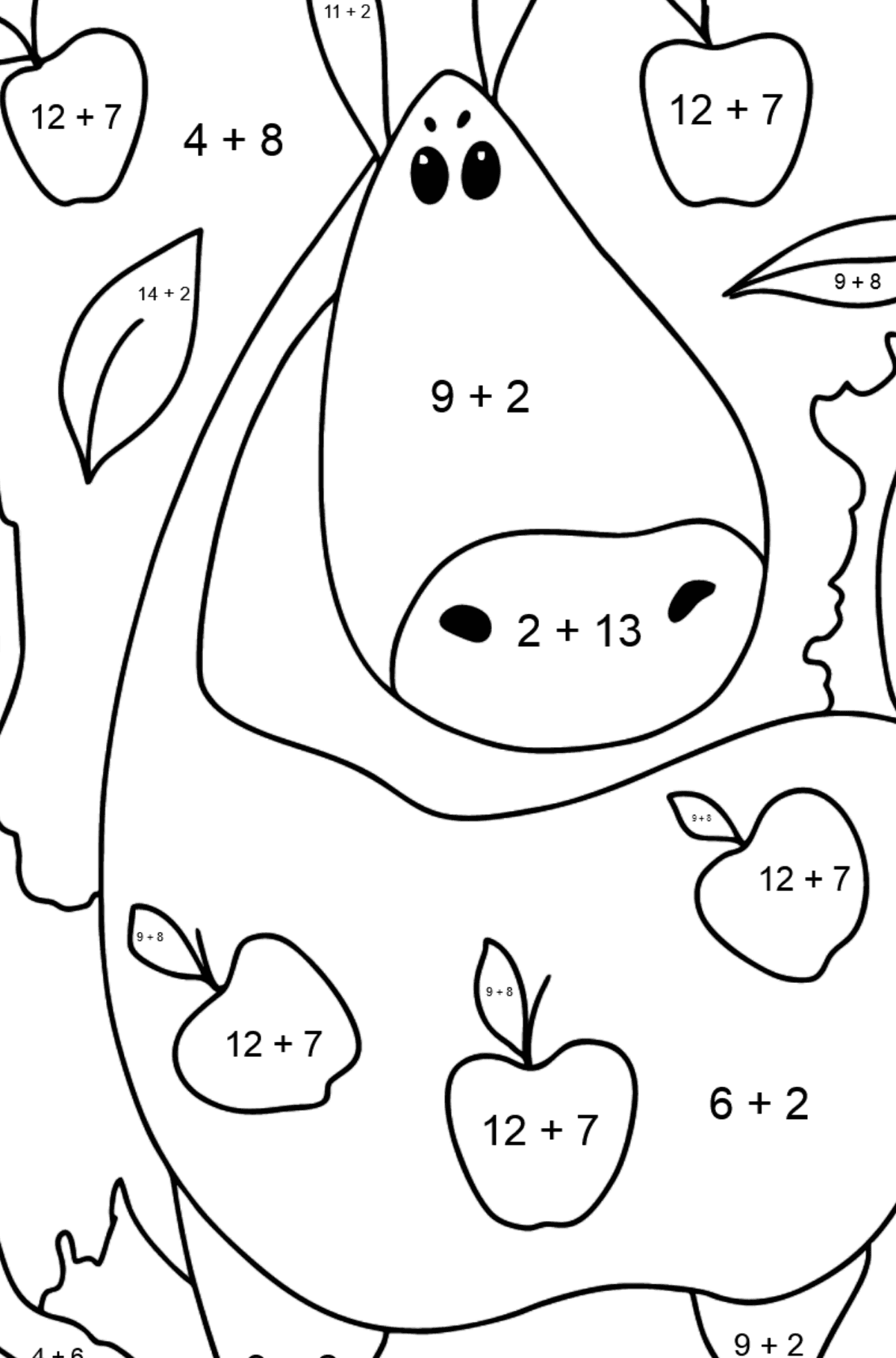 Komplexe Malvorlage ein Pferd mit Äpfeln - Mathe Ausmalbilder - Addition für Kinder