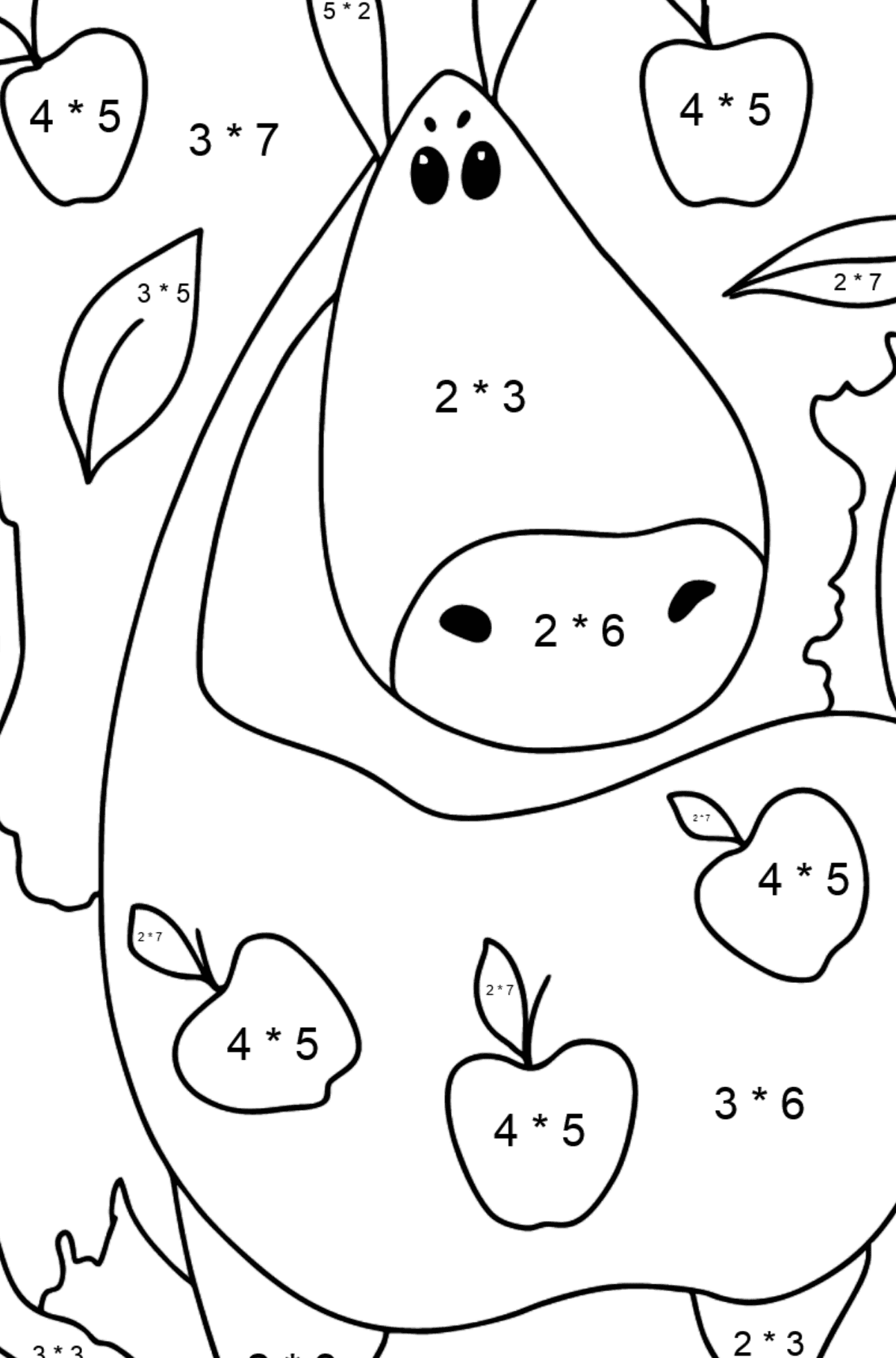 Komplexe Malvorlage ein Pferd mit Äpfeln - Mathe Ausmalbilder - Multiplikation für Kinder