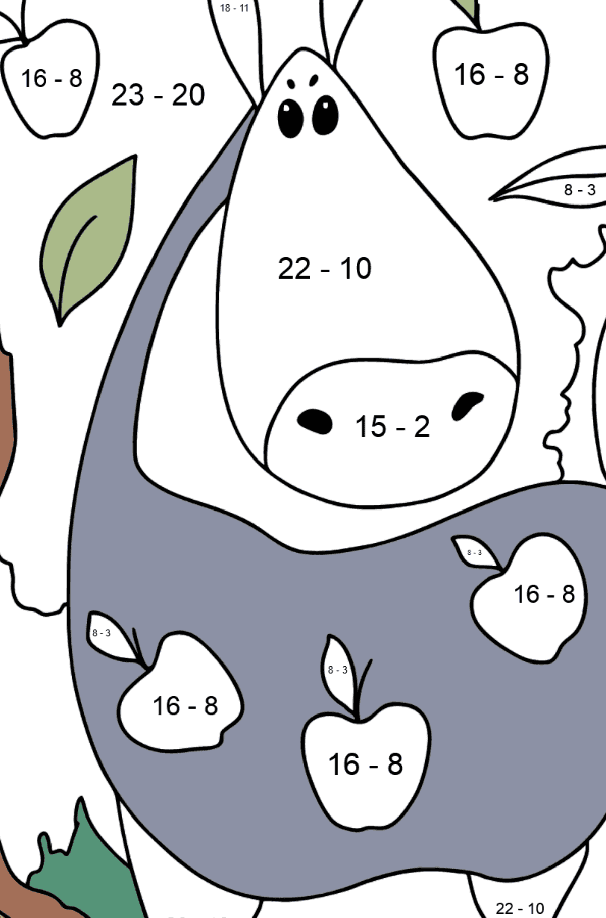 Complex coloring page a horse with apples - Math Coloring - Subtraction for Kids