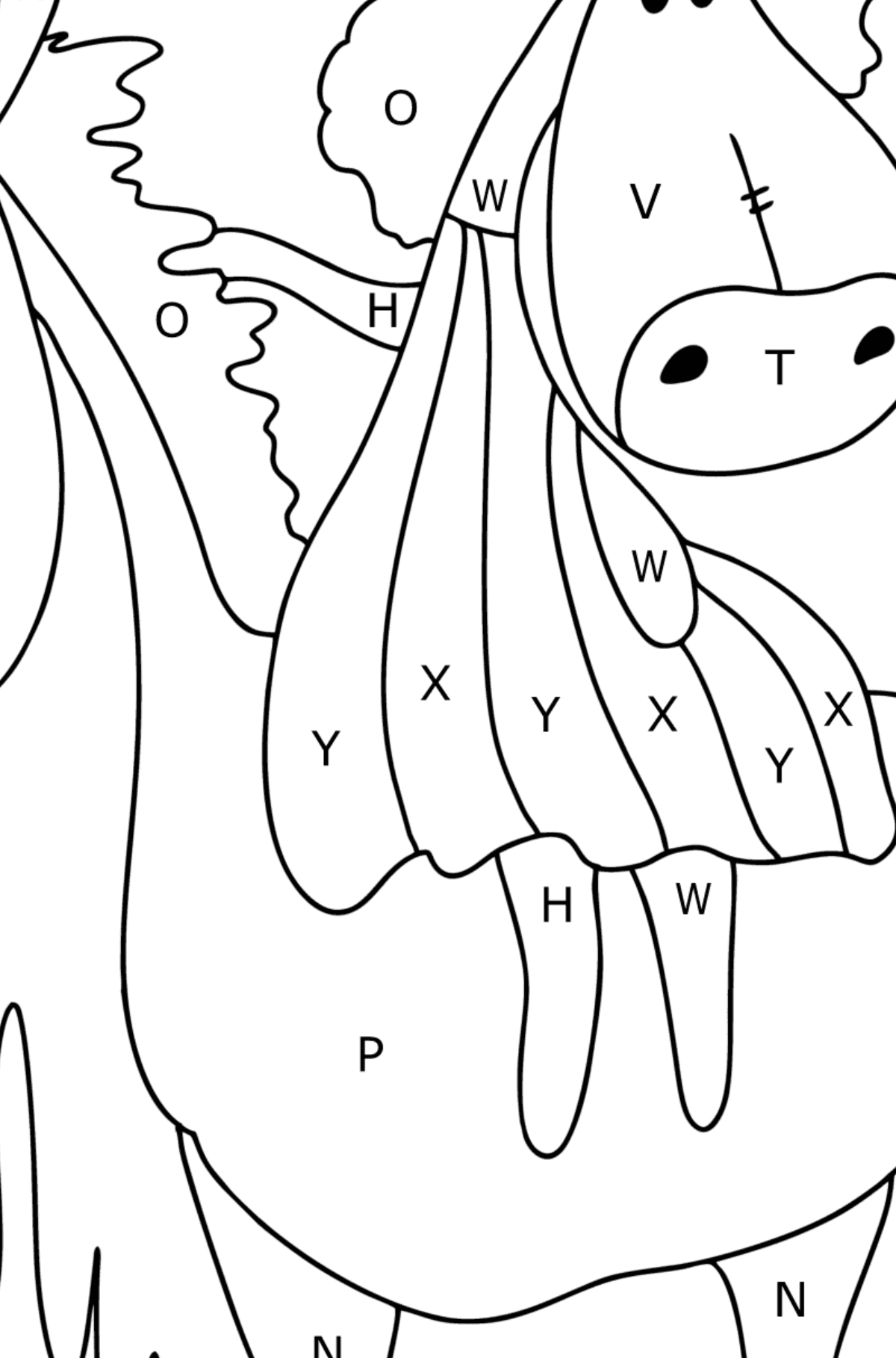 Tegning til fargelegging hest for en tur (vanskelig) - Fargelegge etter bokstaver for barn