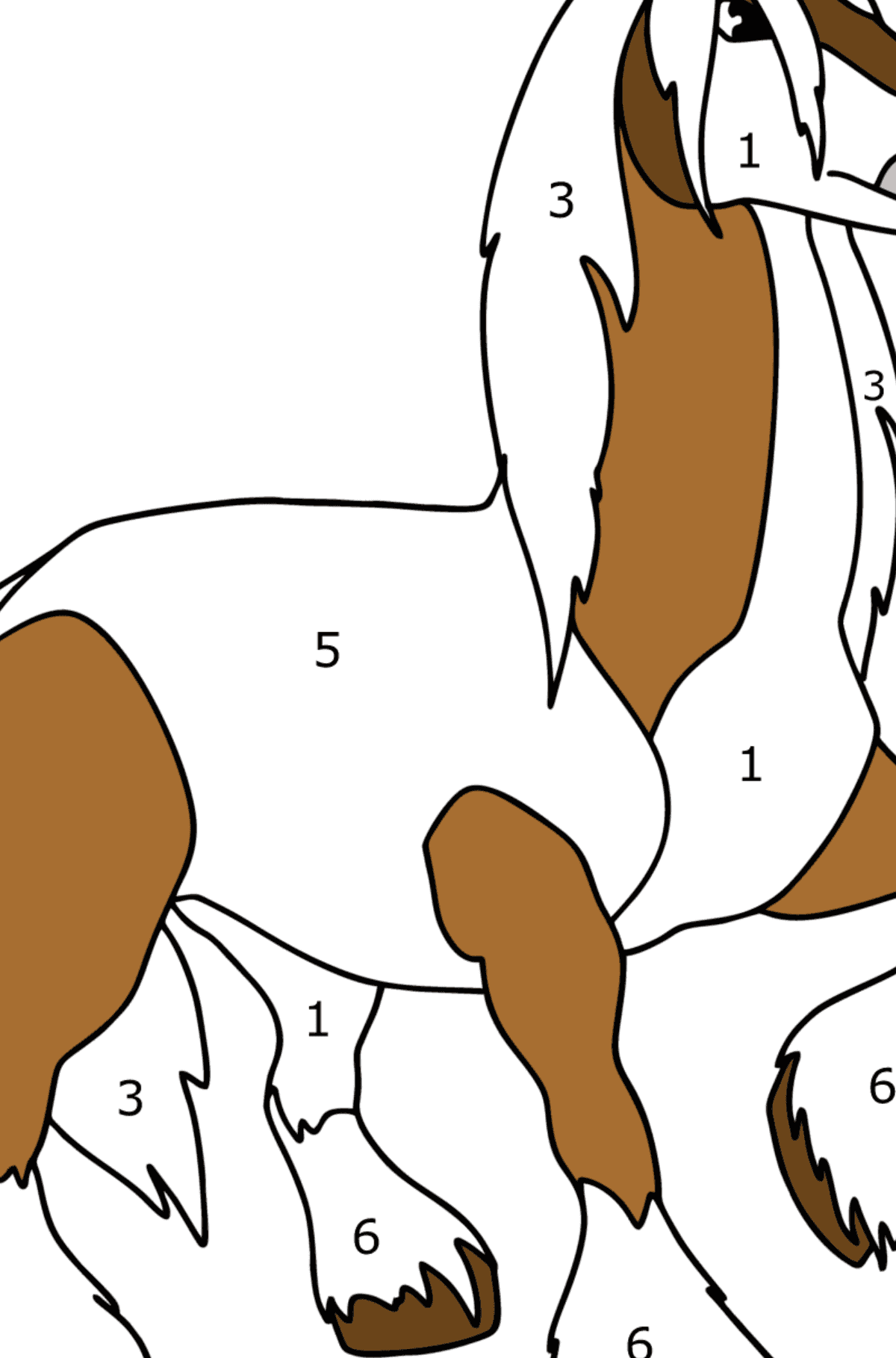 Раскраска Тяжелая лошадь - По Номерам для Детей