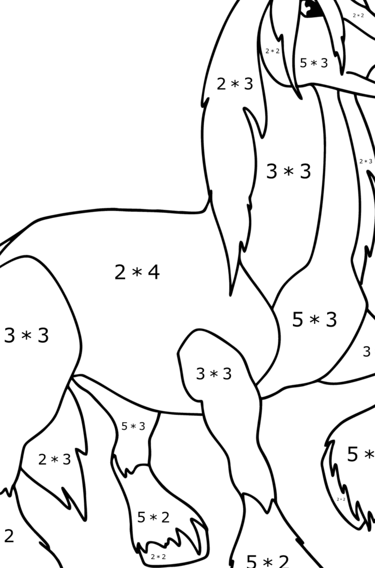Mewarnai gambar Kuda draft - Pewarnaan Matematika: Penjumlahan untuk anak-anak