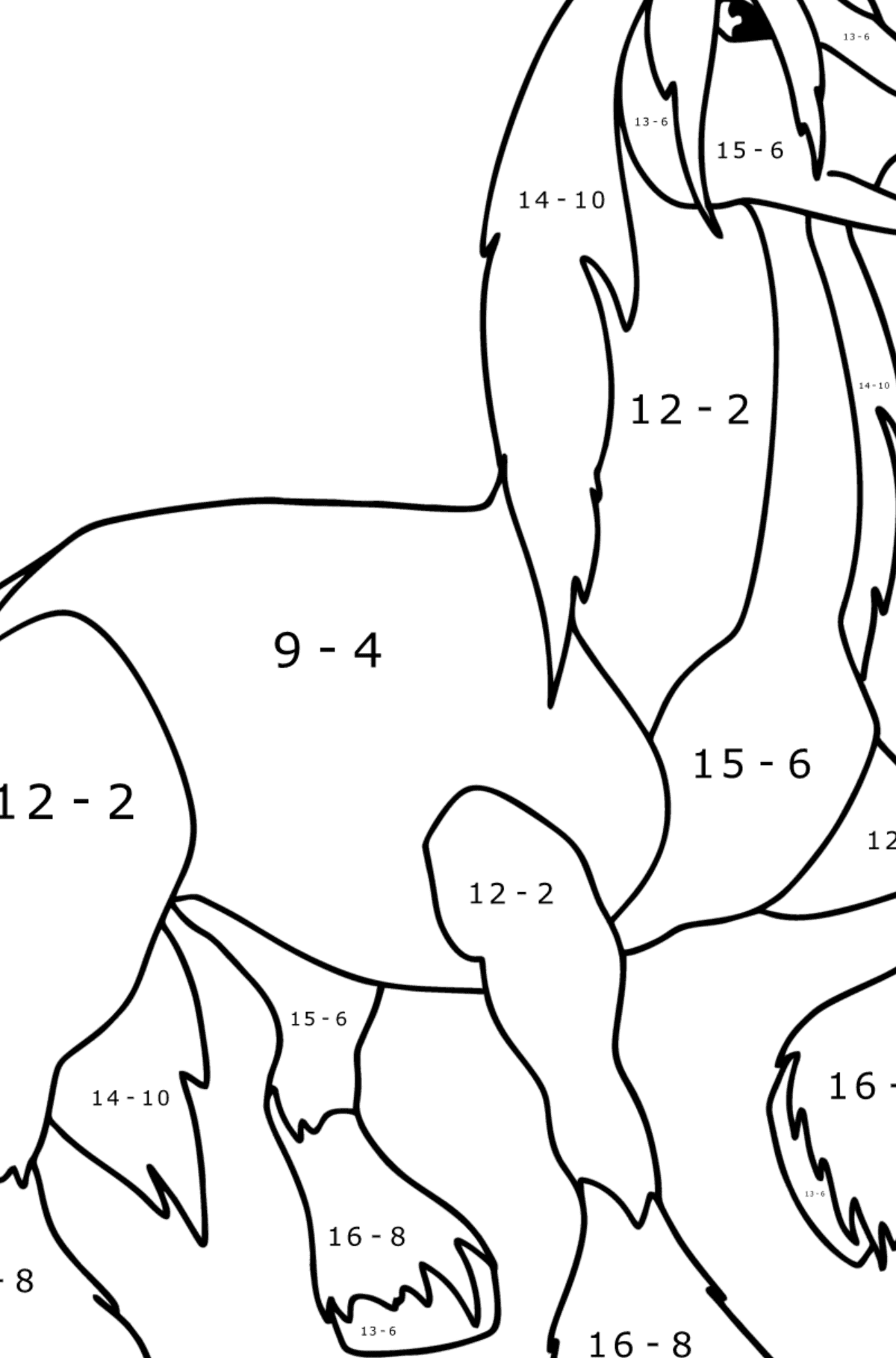 Draft horse сoloring page - Math Coloring - Subtraction for Kids