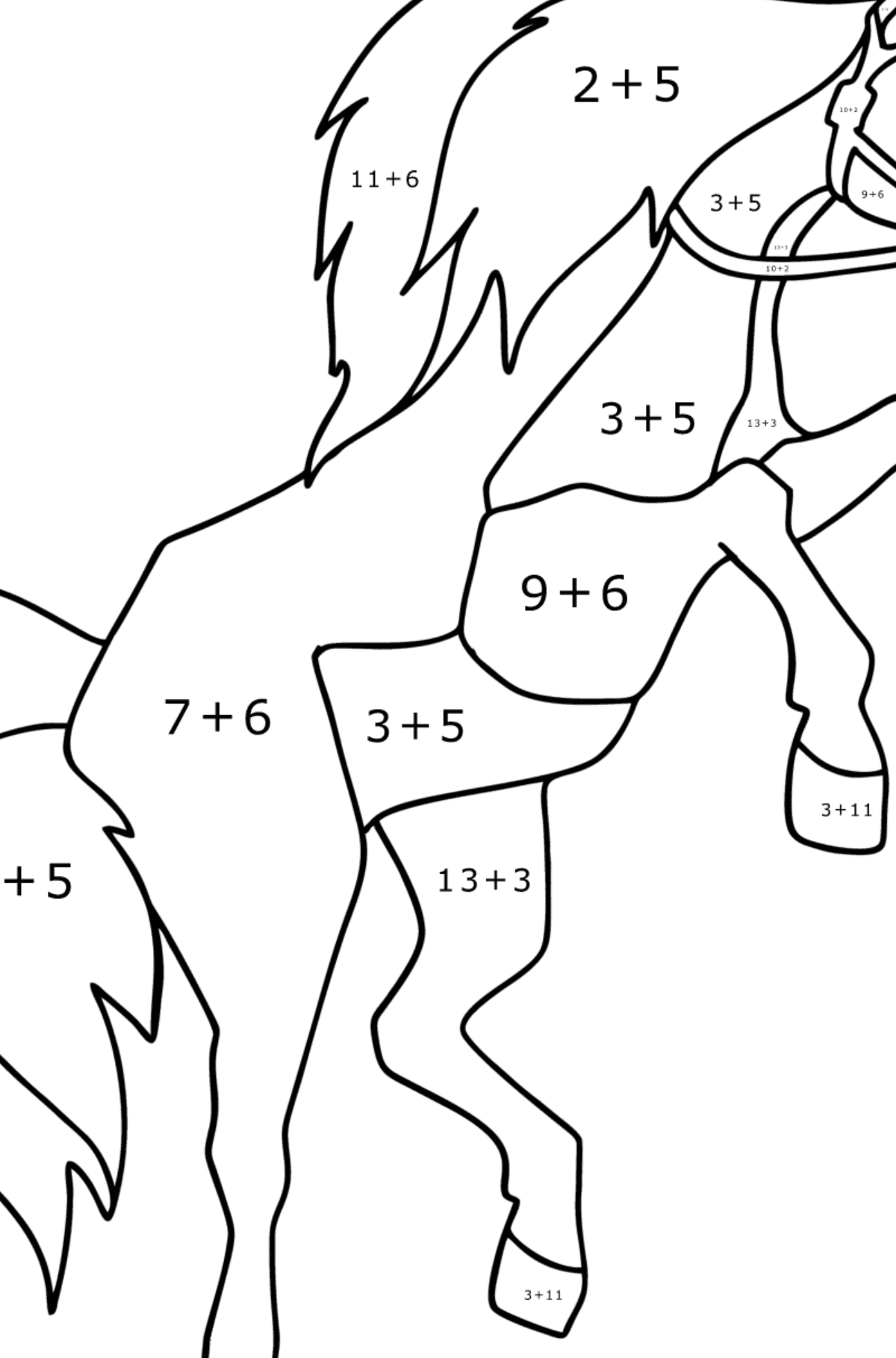 Mewarnai gambar Kuda berderap - Pewarnaan Matematika: Pertambahan untuk anak-anak