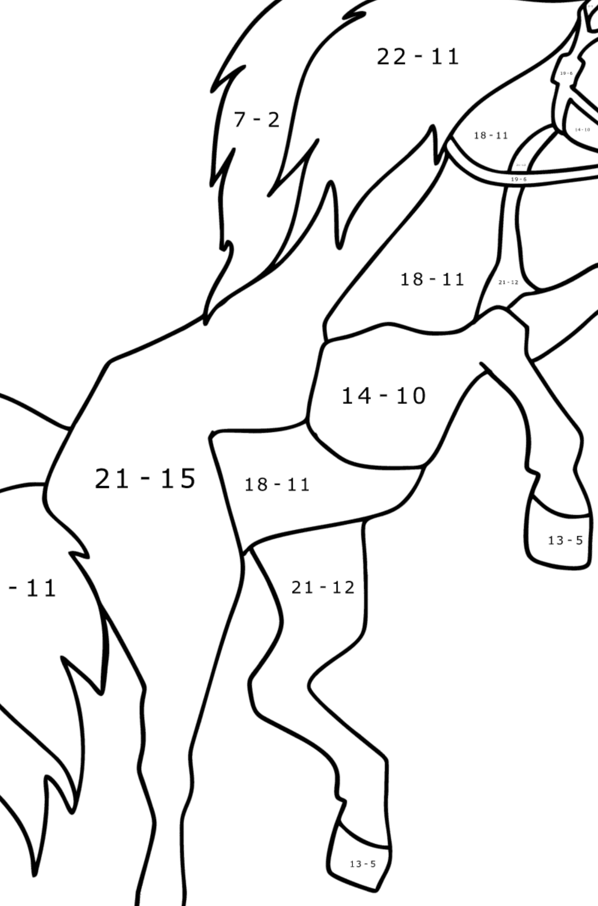 Mewarnai gambar Kuda berderap - Pewarnaan Matematika: Pengurangan untuk anak-anak
