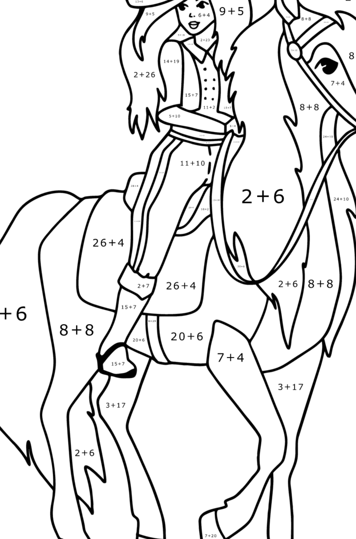 Mewarnai gambar Gadis di atas kuda - Pewarnaan Matematika: Pertambahan untuk anak-anak
