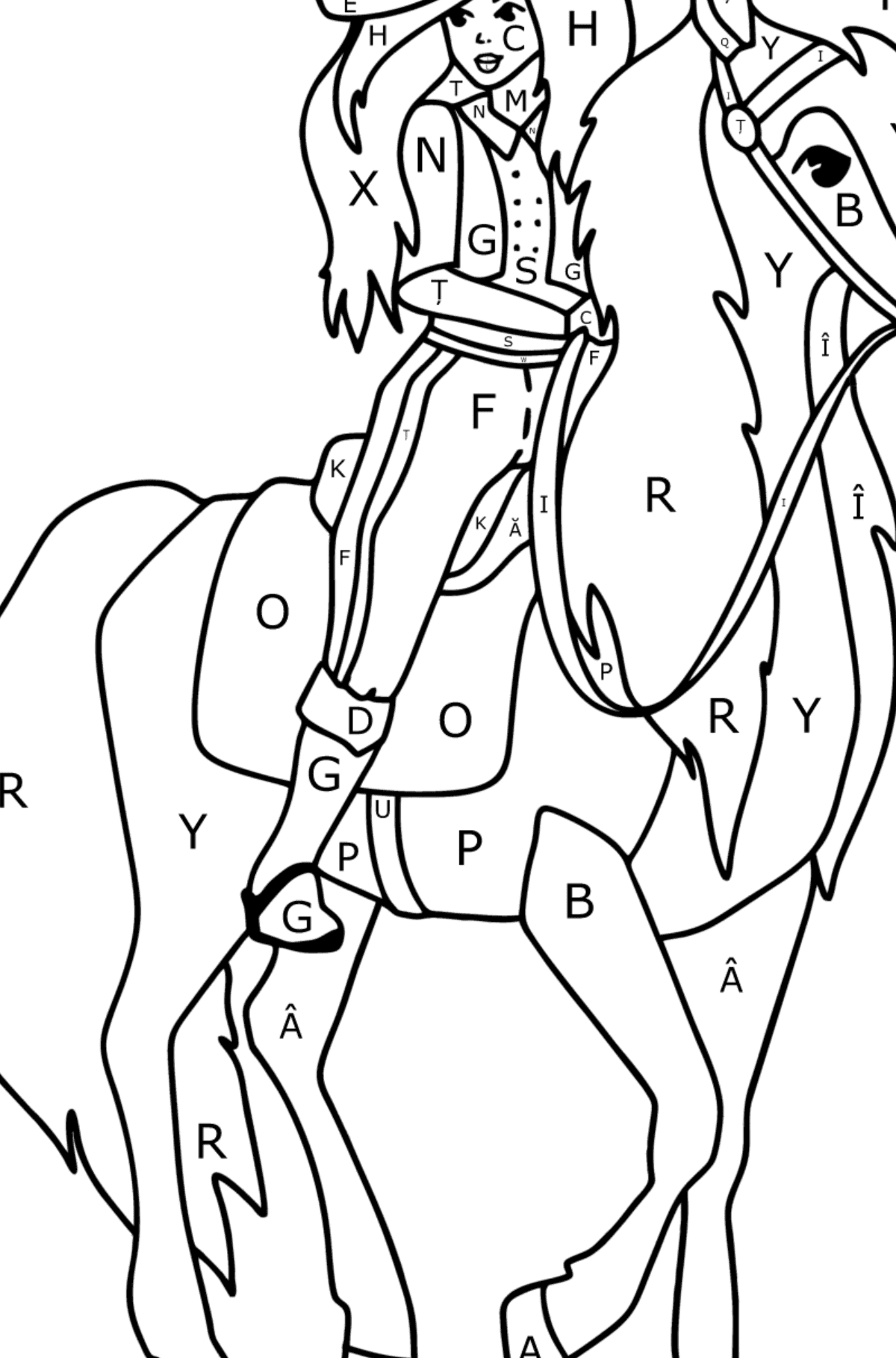Desen de colorat Fata pe cal - Desen de colorat după Literă pentru copii