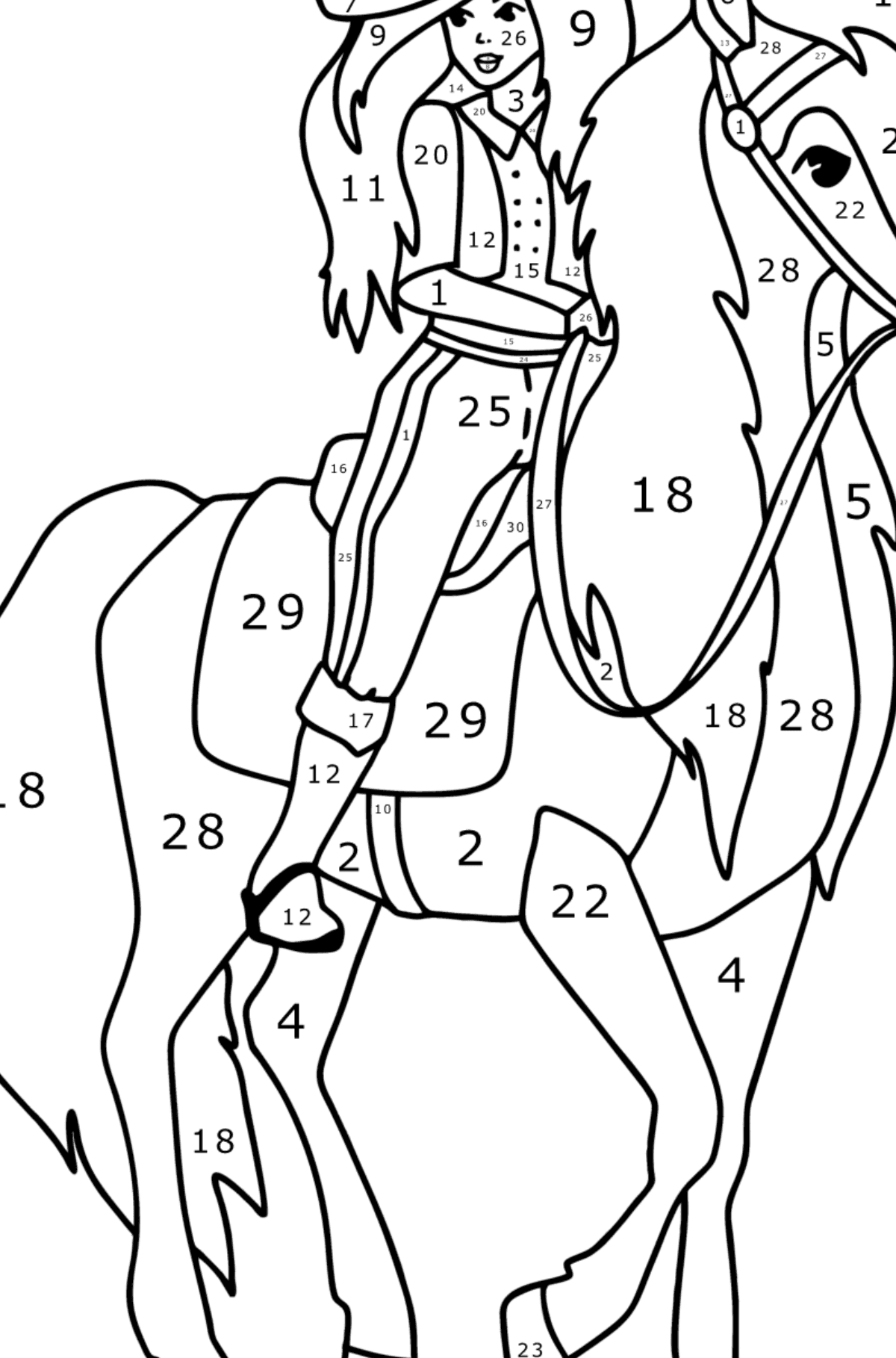 Mewarnai gambar Gadis di atas kuda - Pewarnaan mengikuti Nomor untuk anak-anak