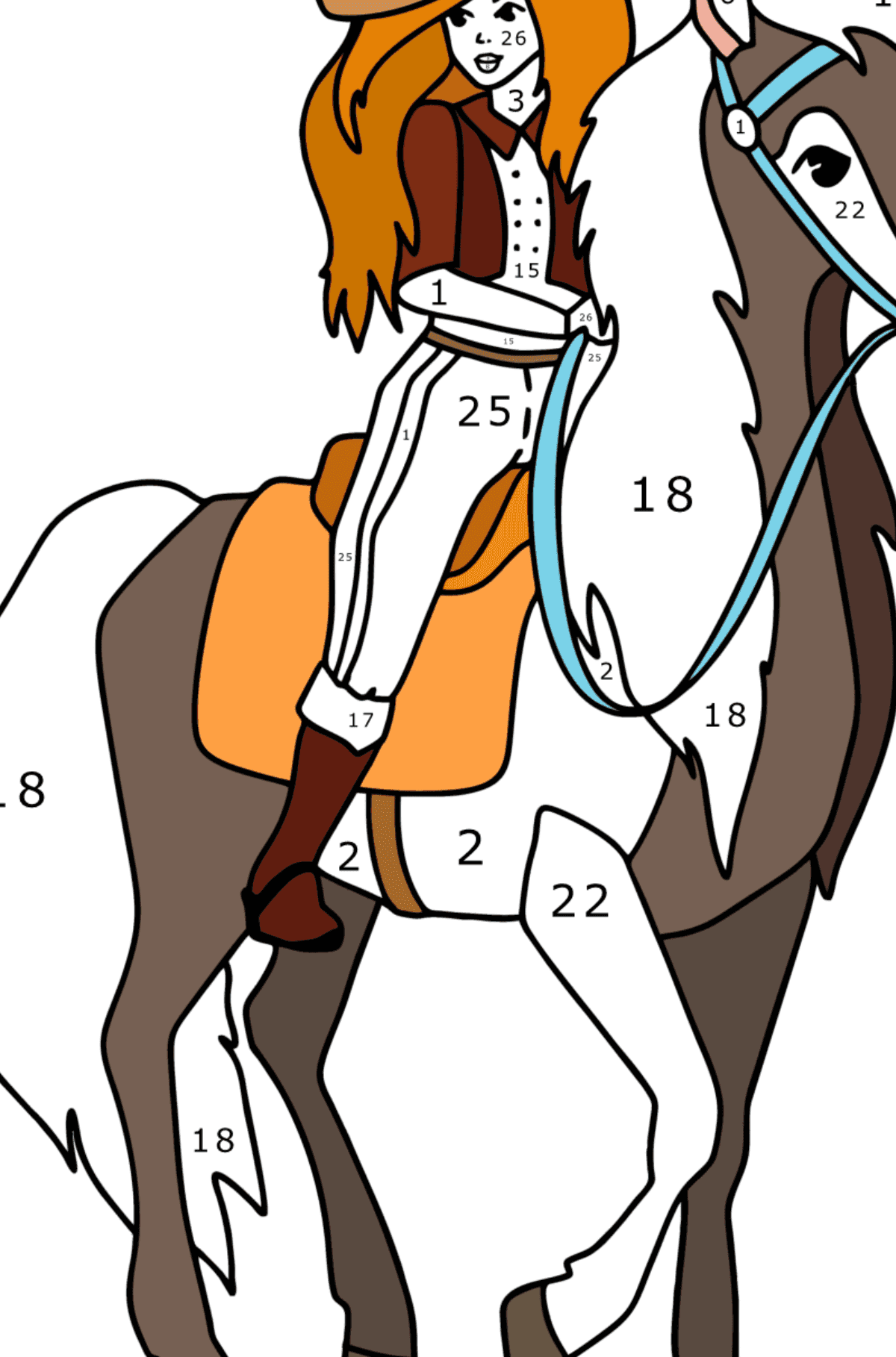 Ausmalbild Mädchen auf Pferd - Malen nach Zahlen für Kinder