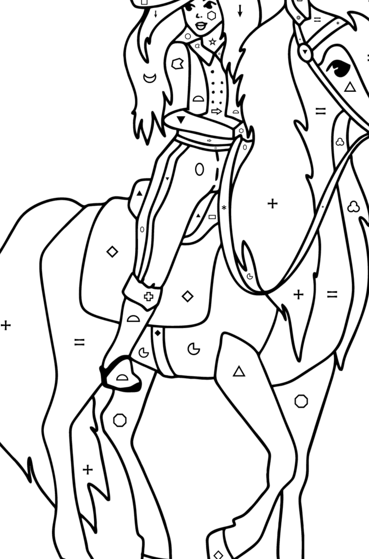 Mewarnai gambar Gadis di atas kuda - Pewarnaan mengikuti Simbol dan Bentuk Geometri untuk anak-anak